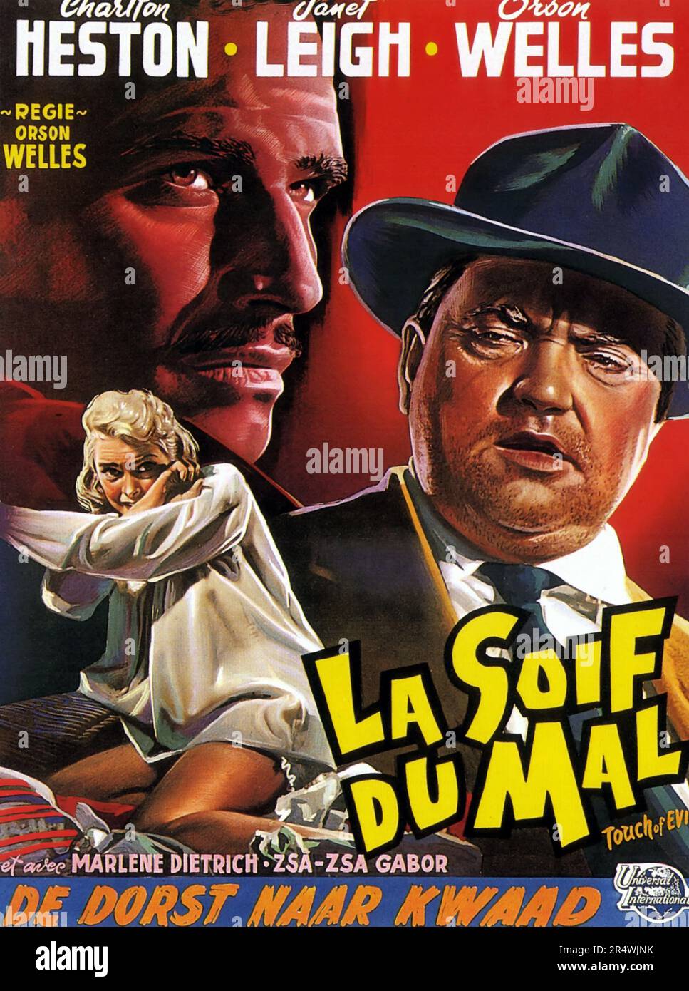 Touch of Evil is a 1958 American crime thriller film, written, directed by, and co-starring Orson Welles. The screenplay was loosely based on the novel Badge of Evil by Whit Masterson. Also starring Charlton Heston, Janet Leigh and Marlene Dietrich. Stock Photo