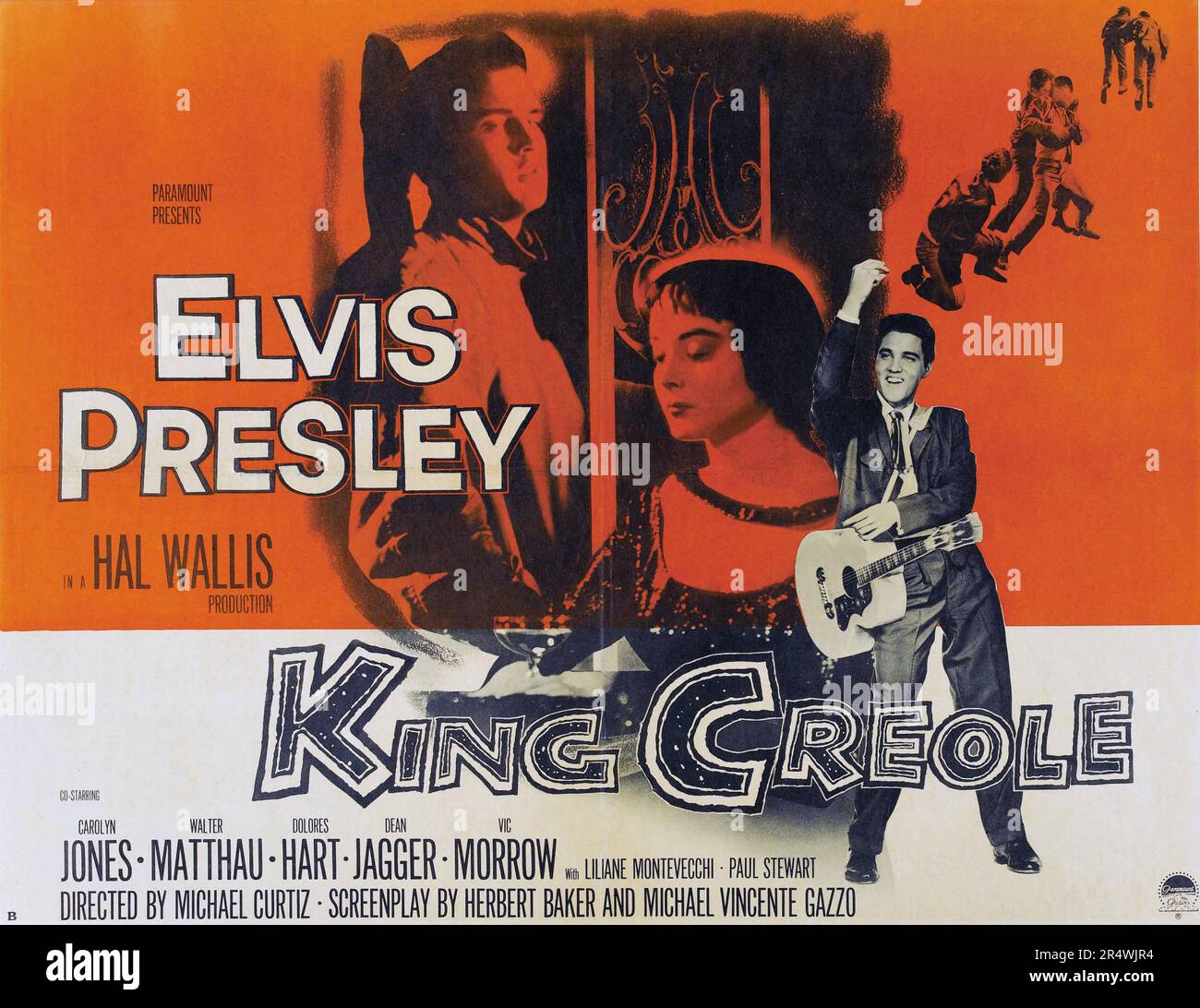 King Creole is a 1958 American musical drama film directed by Michael Curtiz and starring Elvis Presley, Carolyn Jones, and Walter Matthau. It was based on the 1952 novel A Stone for Danny Fisher by Harold Robbins and the film is about a nineteen-year-old who gets mixed up with crooks and involved with two women. Stock Photo