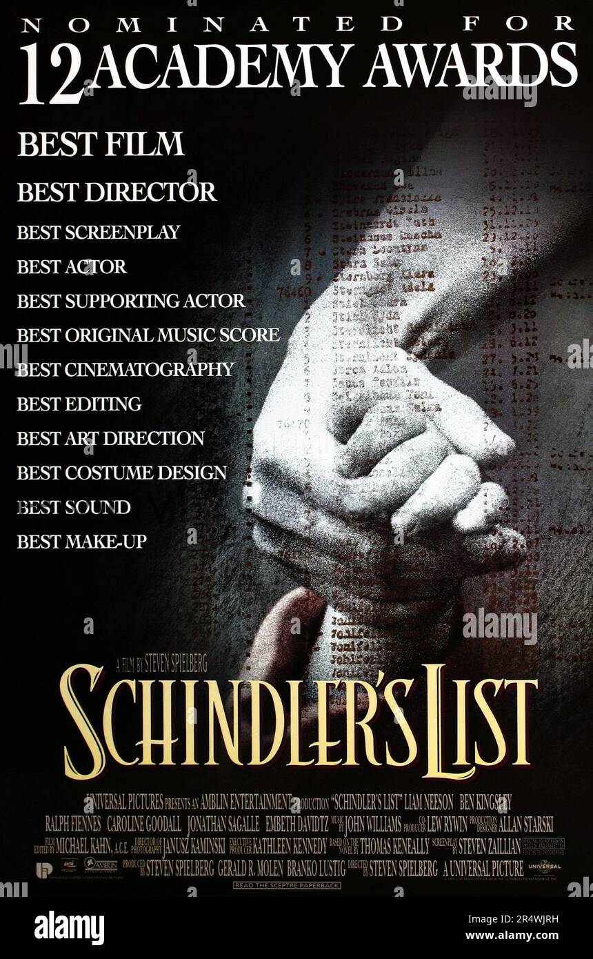Schindler's List is a 1993 American epic historical drama film directed and co-produced by Steven Spielberg. It is based on the novel Schindler's Ark by Thomas Keneally, an Australian novelist. It stars Liam Neeson, Ralph Fiennes and Ben Kingsley. Stock Photo