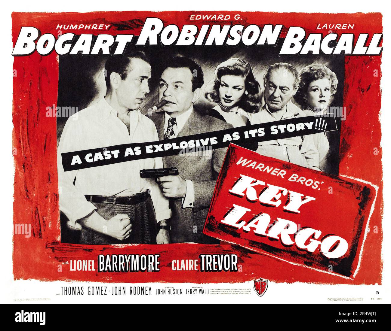 Key Largo is a 1948 film noir directed by John Huston and starring Humphrey Bogart, Edward G. Robinson and Lauren Bacall. The movie was adapted from Maxwell Anderson's 1939 play of the same name, which played on Broadway for 105 performances throughout 1939 and 1940. Stock Photo