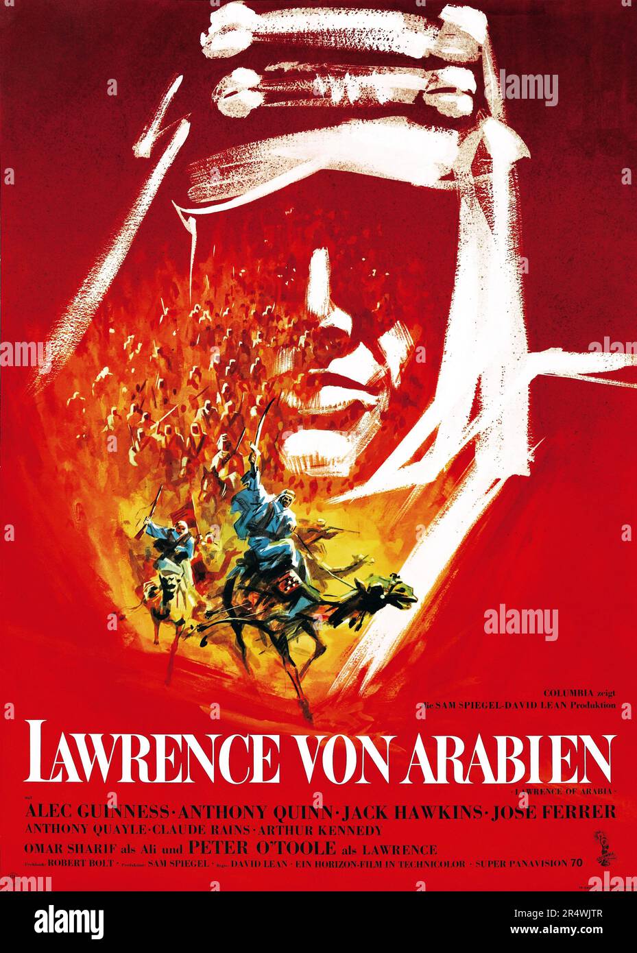 Lawrence of Arabia is a 1962 British epic adventure drama film based on the life of T. E. Lawrence. It was directed by David Lean and stars Peter O'Toole in the title role. It is widely considered one of the greatest and most influential films in the history of cinema. Stock Photo