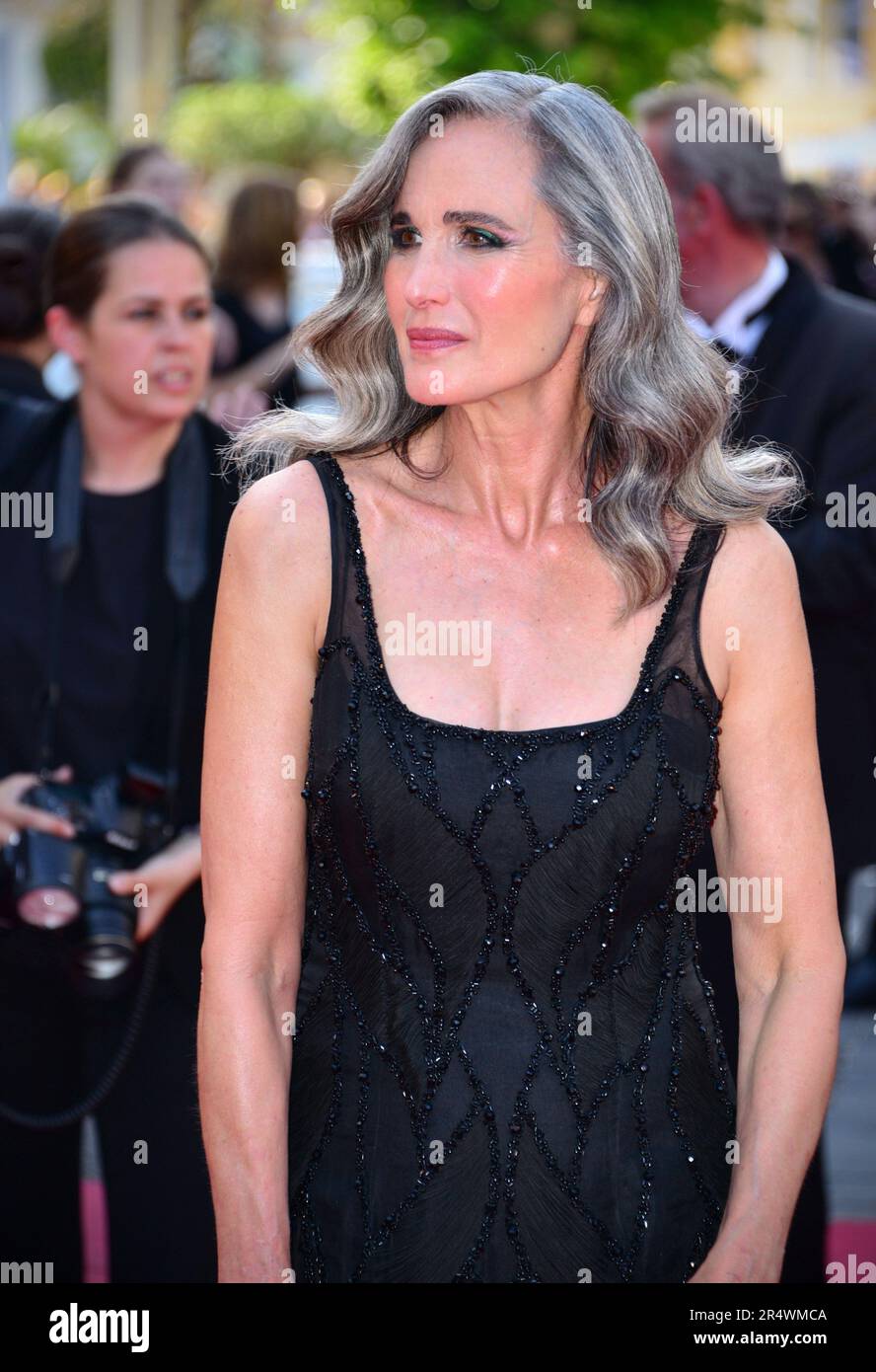 Andie MacDowell (dress by Elie Saab) 'The Old Oak' Cannes Film Festival Screening 76th Cannes Film Festival May 26, 2023 Stock Photo
