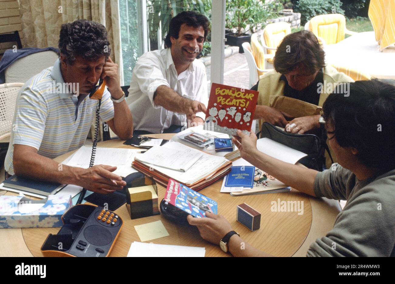 Stéphane Collaro, at home in Paris, with his 'Cocoricocoboy' acolytes: Jacques Brière, Alain Scoff and Michel Saillard. 1980 Stock Photo