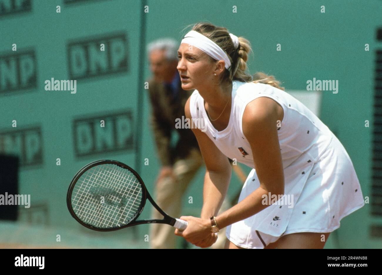 French tennis player Mary Pierce during a women's singles match of the French Open. Roland Garros stadium, May 1995. Stock Photo