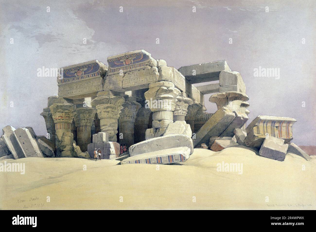 Kom Ombo', November 1838.  Lithograph of 1856 after David Roberts (1796-1864) Scottish artist and orientalist. Temple on Nile 30 miles north of Aswan, Egypt, built  332 BC-395 AD. Dedicated to Sobek and Horus. Religion Mytholgy Stock Photo