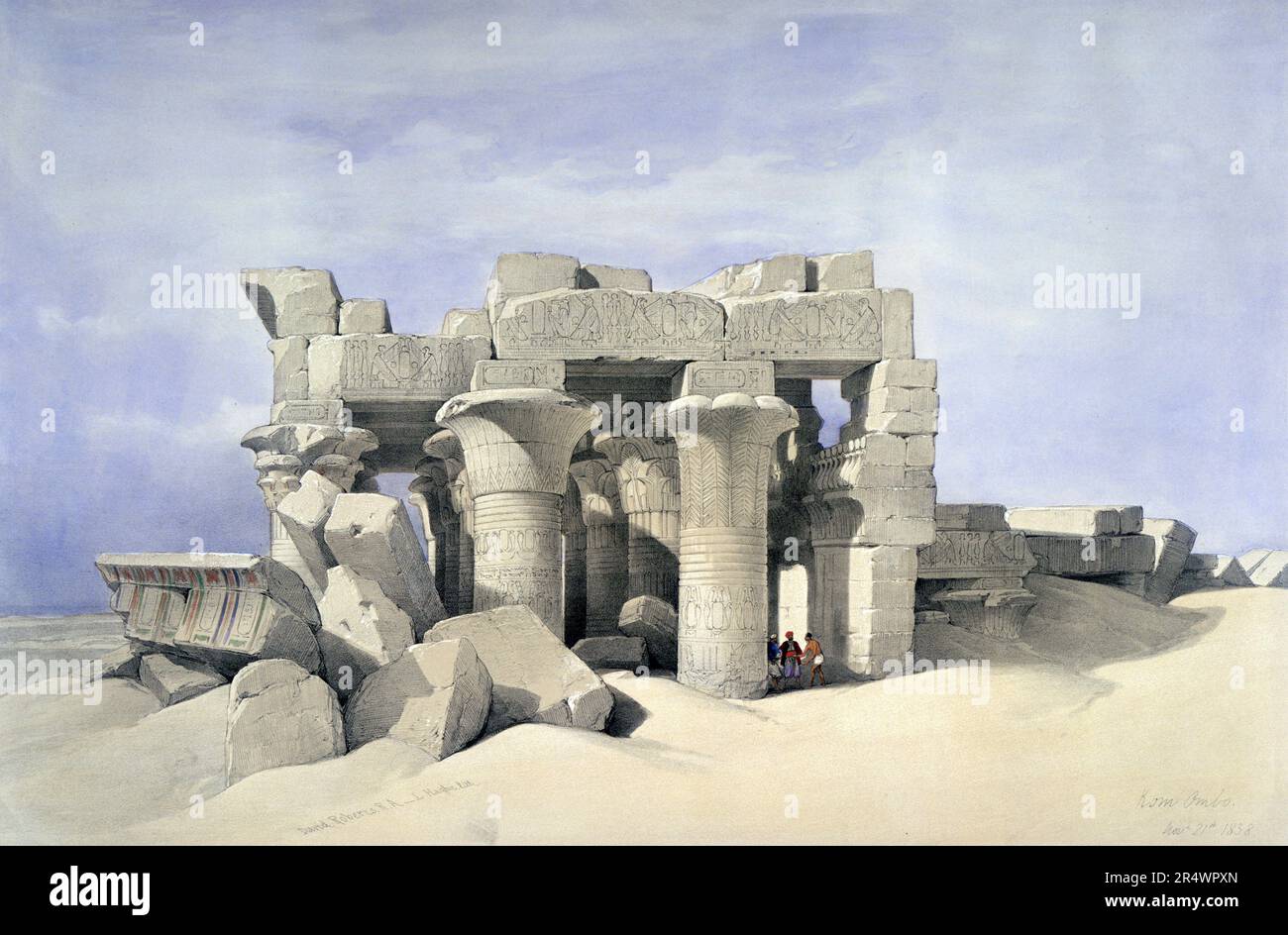 Kom Ombo', November 1838.  Lithograph of 1856 after David Roberts (1796-1864) Scottish artist and orientalist. Temple on Nile 30 miles north of Aswan, Egypt, built  332 BC-395 AD. Dedicated to Sobek and Horus. Religion Mytholgy Stock Photo