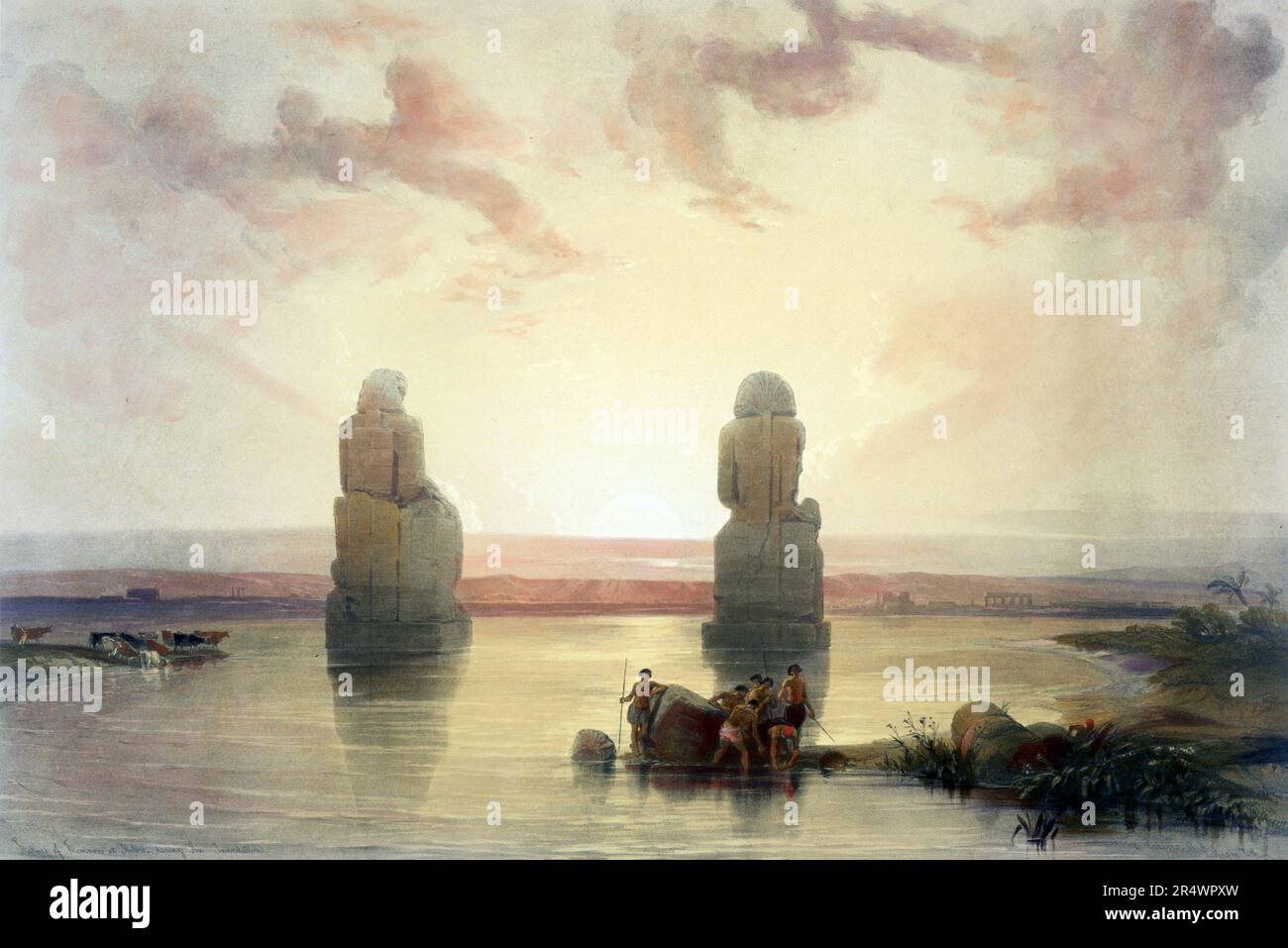 The Statues of Memnon, Thebes, During the Inundations', Watercolour.   David Roberts (1796-1864) Scottish artist and orientalist. The Colossi near the Valley of the Kings, Egypt, built by Amenhotep II (c1411-1375 BC). Stock Photo