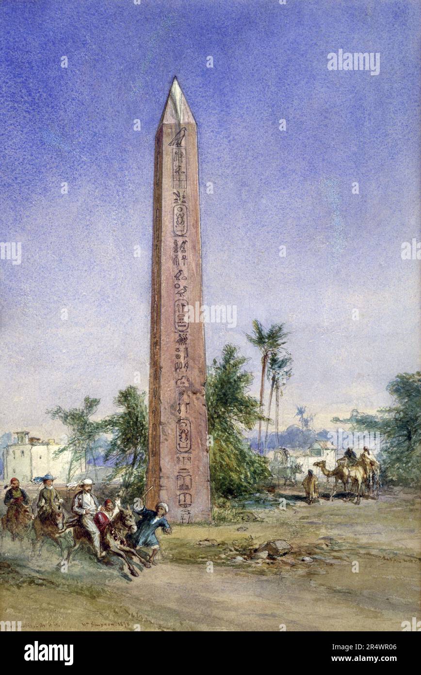 Helipolis - As it Is', 1878. Pencil with water- and body colour. William Simpson (1823-1899) Scottish painter. English tourists galloping donkeys, ignoring antiquities such as Obelisk of Senusert, 20th century BC. Egypt Tourism Stock Photo