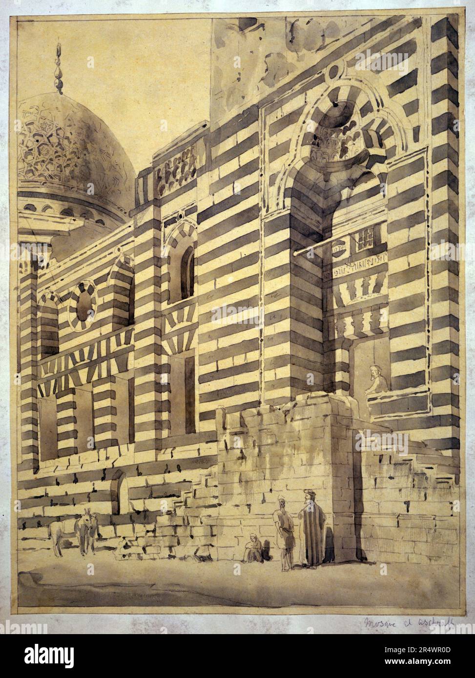 Mosque of el-Aschraff', c1866. Watercolour.  Richard Phene Spiers (1838-1916) English Architect.  Exterior of Sultan Ashref Al-Barsbay Mosque, Khan-e-Khalili, Cairo, Egypt. Architecture Building Religious Islamic Stock Photo