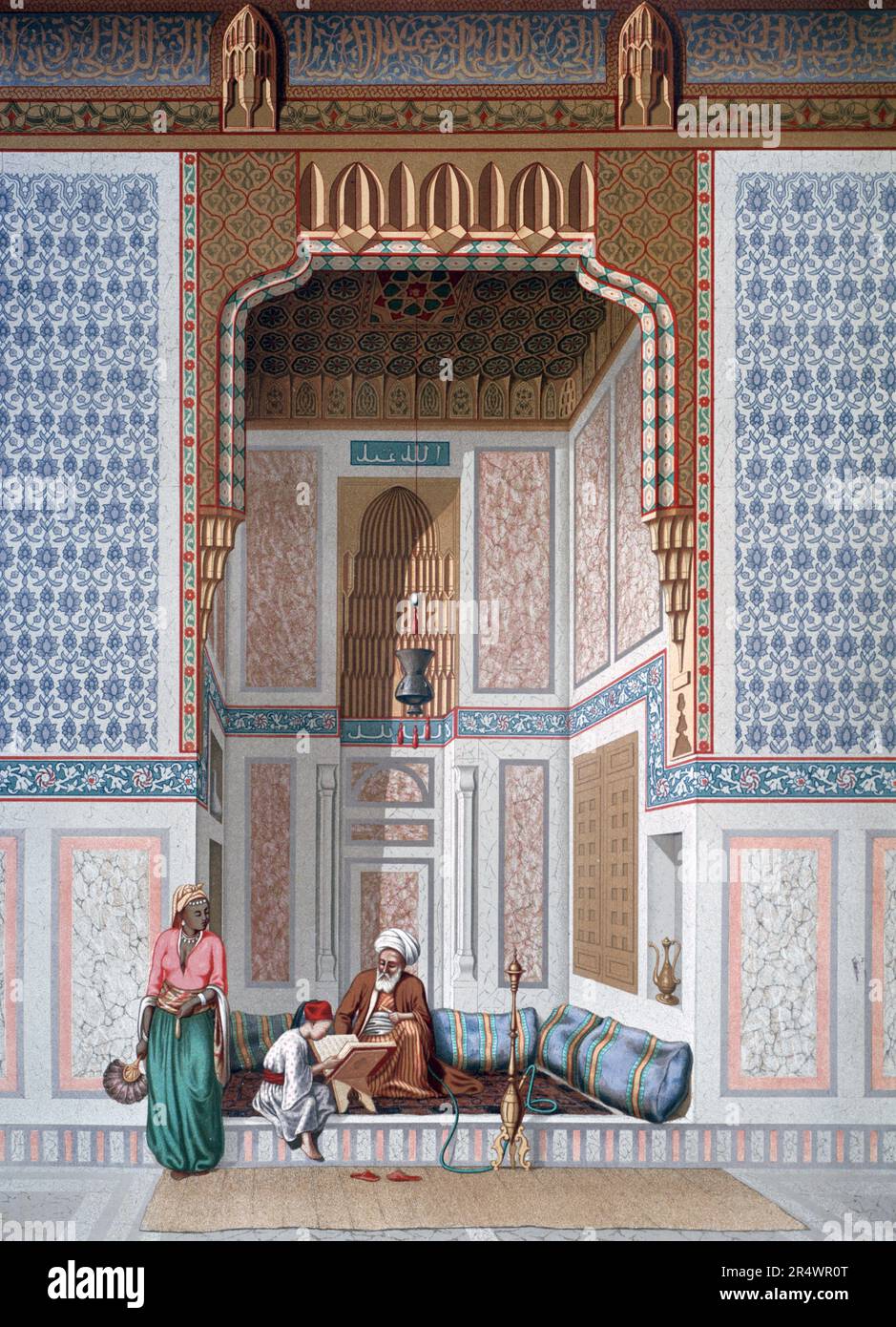 Interior of the Mosque of Khosne Ahmed el-Bordeyny. Chromolithograph after  Emile Prisse d'Avennes, (1807-1879) French architect, engineer and orientalist. Young boy reading the Koran to a teacher smoking a hookah.   Religion Islam Stock Photo