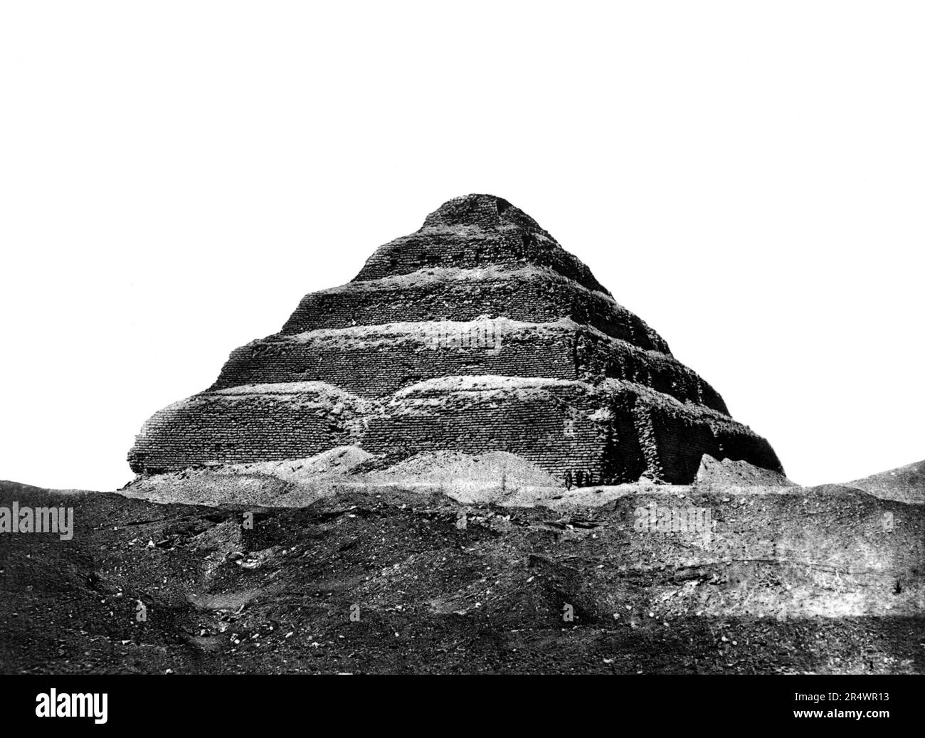 Step pyramid of Djoser (Zoser c2649-c2575 BC) at Saqqara.  Photographed in 1860s during work of Auguste Mariette-Bey (1821-1881) French archaeologist and founder of the Egyptian Museum, Cairo in 1863. Ancient Egypt Archaeology Stock Photo