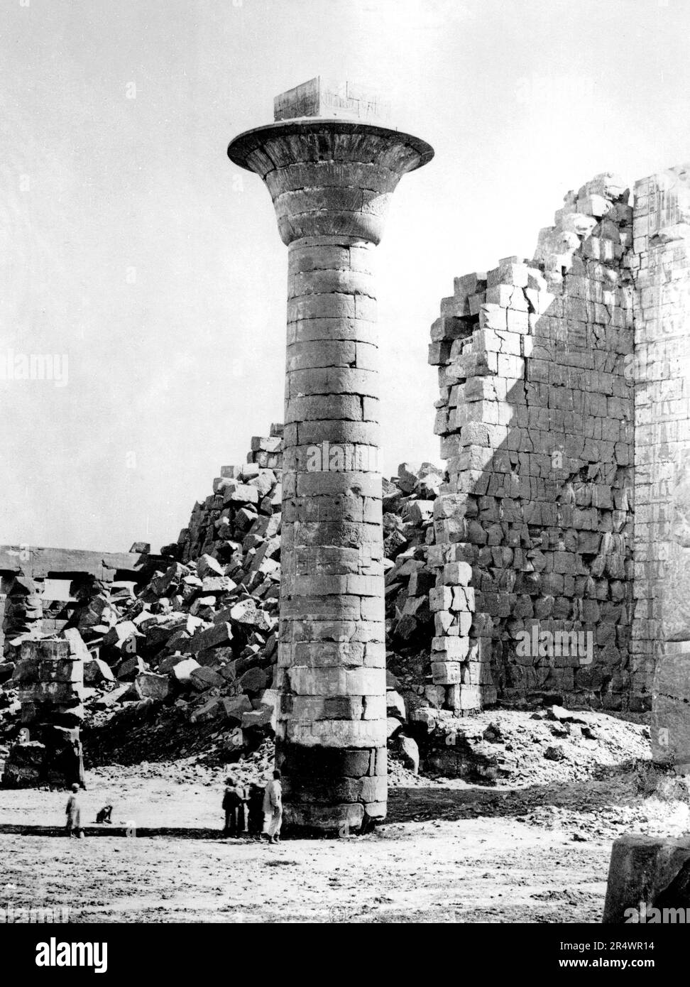 Karnak temple complex at Thebes (Luxor). Photograph of column in first court of the Temple taken during the French archaeological mission to Egypt led by Emmanuel Rouge (1811-1872).   Ancient Egyptian Stock Photo