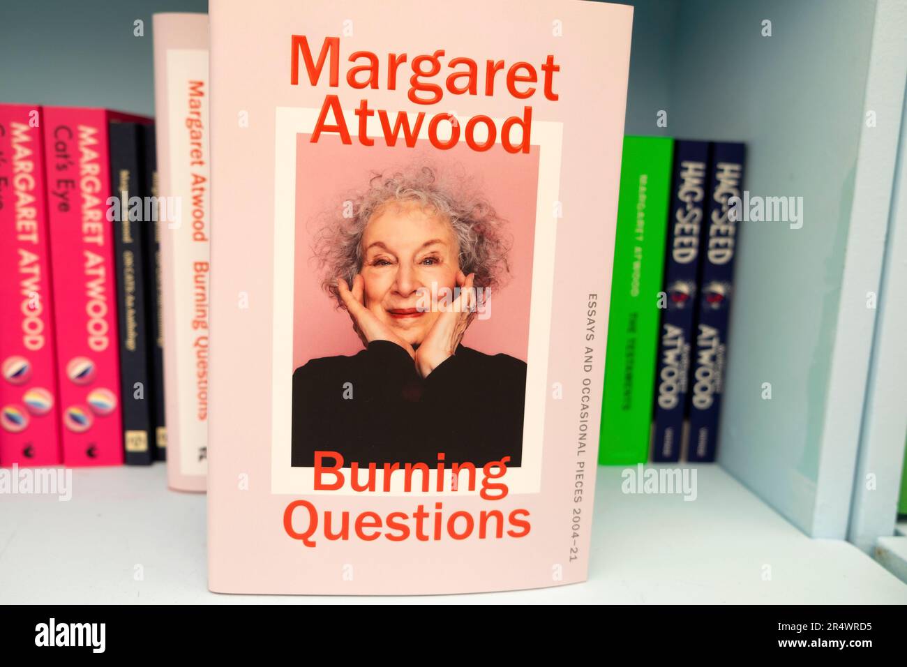 Margaret Atwood book cover books in festival bookstore book shop on site at the Hay Festival 2023 Hay-on-Wye Wales UK Great Britain  KATHY DEWITT Stock Photo