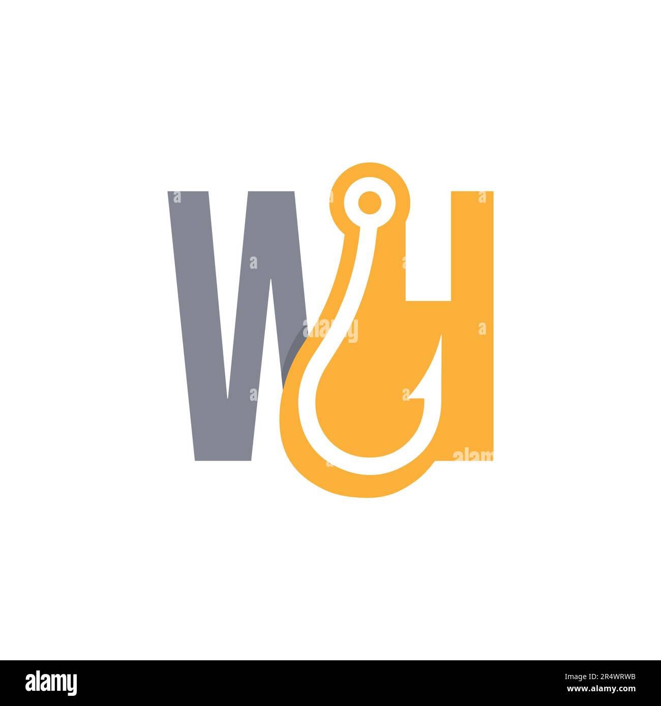 Initial two letter W and H for fishing company logo. Combination of latter W and H with some hook icon in yhe middle in negative space style Stock Vector