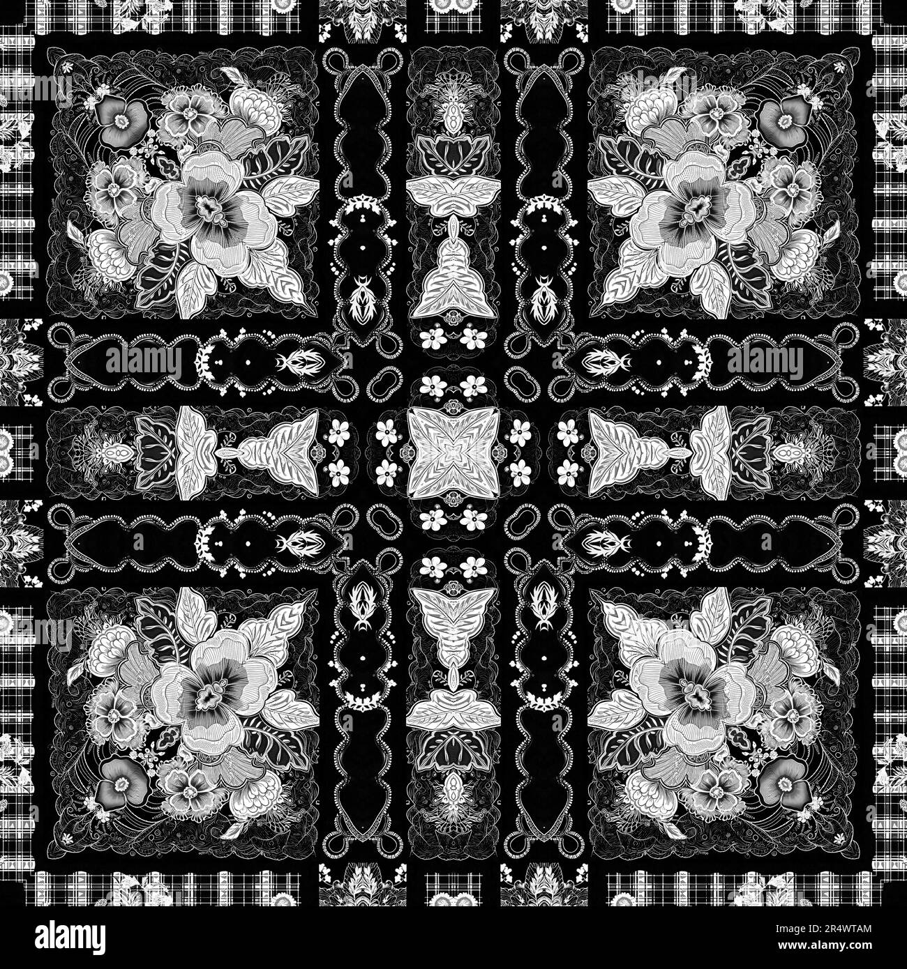 Intricate black and white lace folk flower pattern with an elegant ...