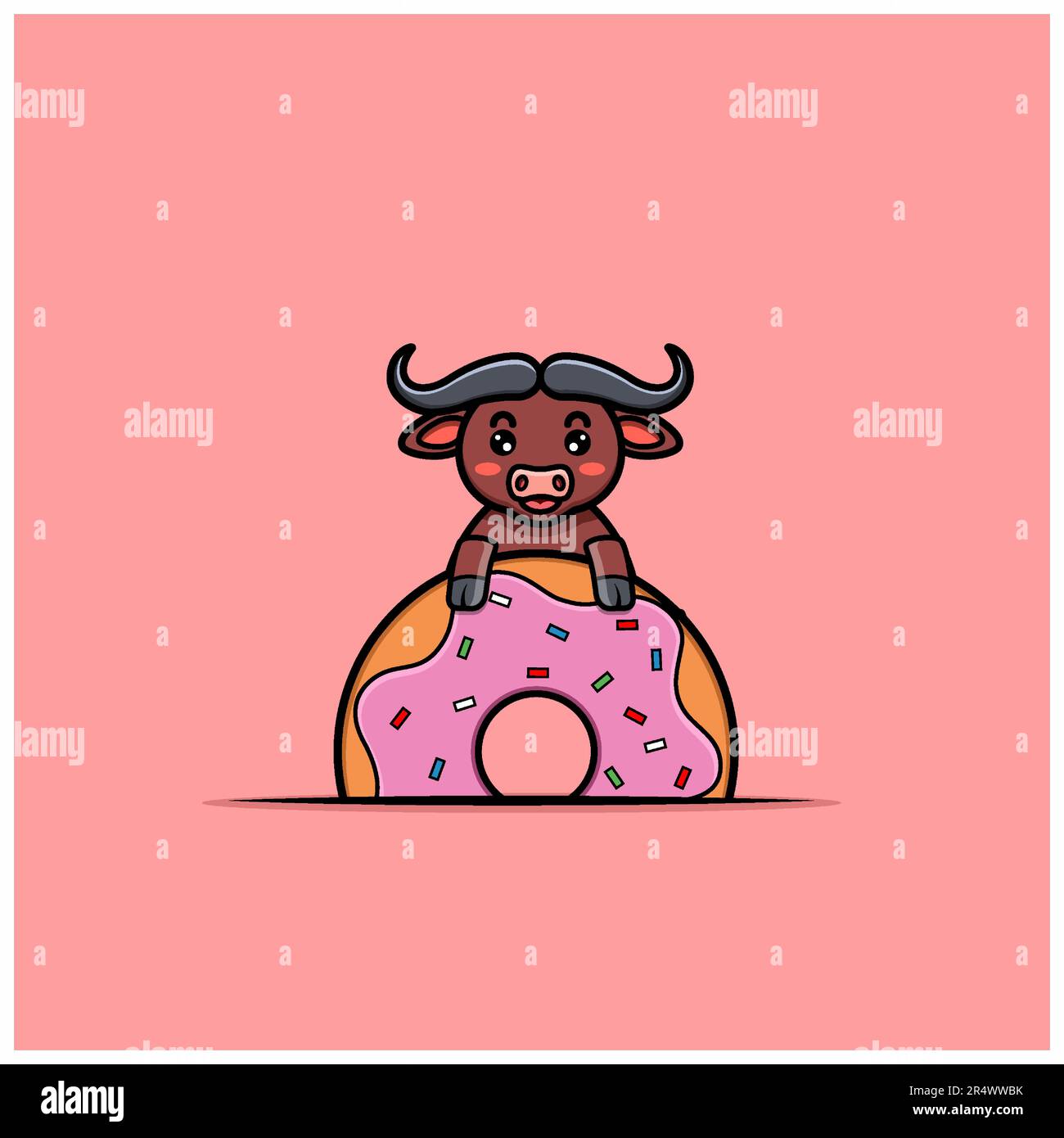 Cute Buffalo With Big Donuts. Vector and Illustration Stock Vector