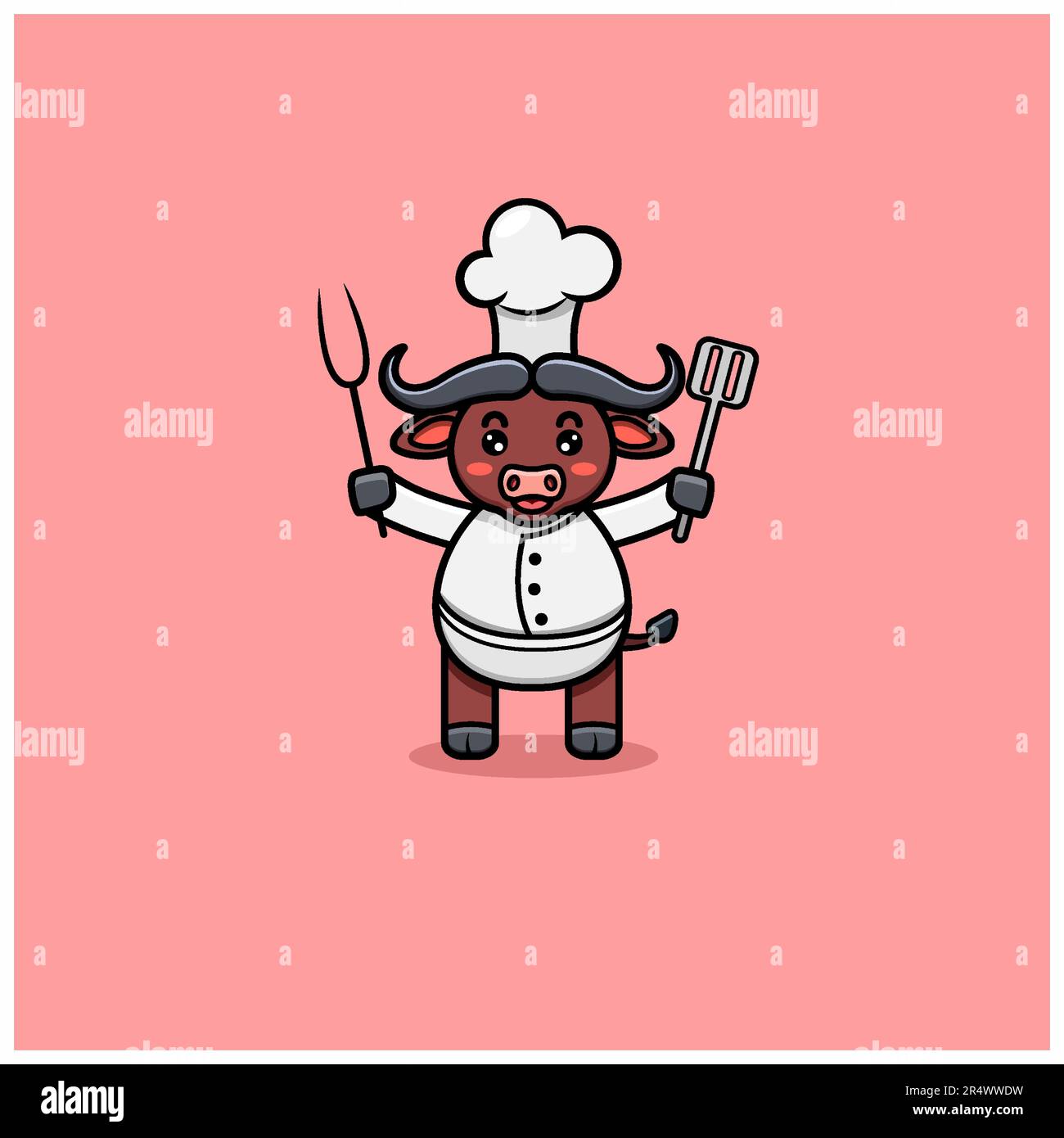 Cute Buffalo With Chef Costume. Vector and Illustration Stock Vector