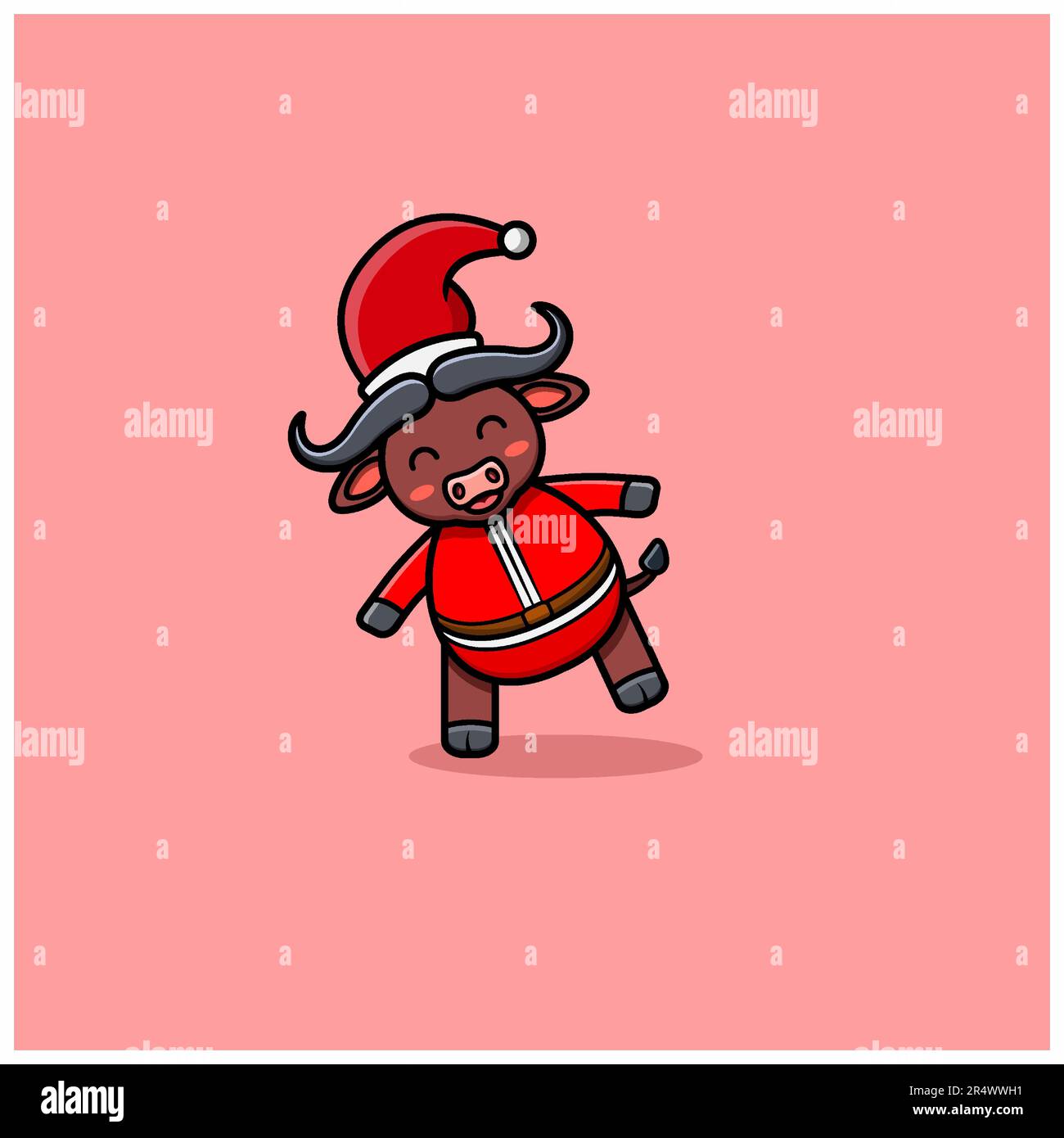 Happy Cute Buffalo With Christmas Costume. Vector and Illustration Stock Vector