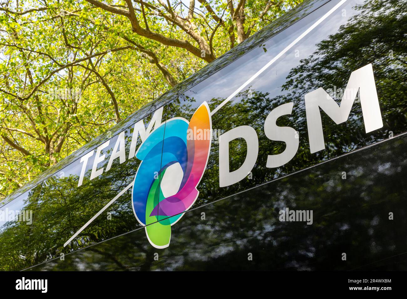 Team DSM team support vehicle for the RideLondon Classique Stage 3 UCI Women's World Tour cycle race around roads in central London, UK. Stock Photo