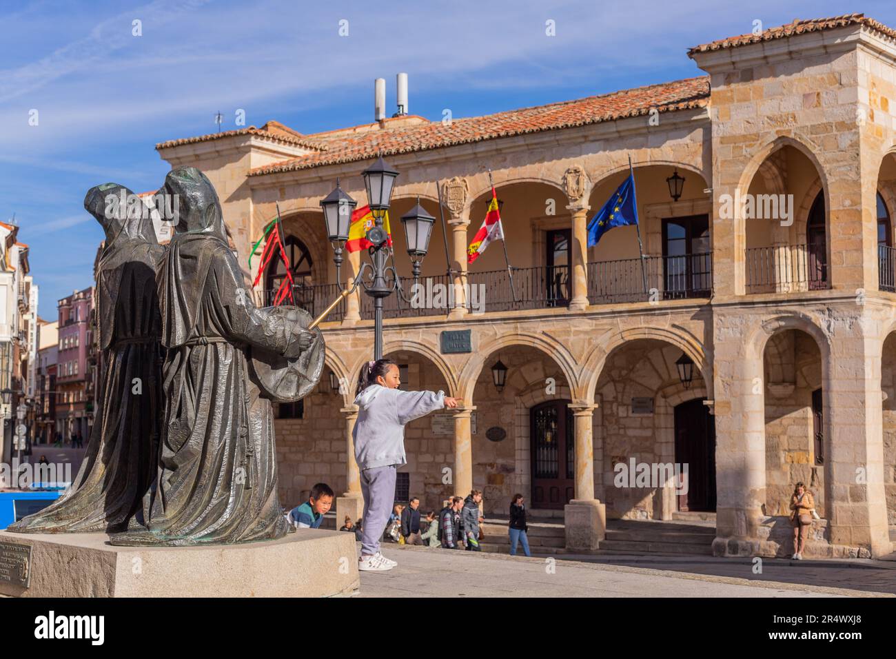 Zamora, Spain March 22 2023 Kids playing in Old town hall in Zamora