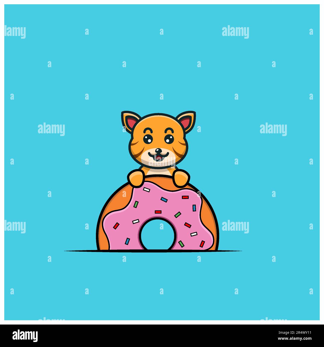 Cute Baby Tiger On Donuts. Character, Mascot, Icon, and Cute Design. Vector and Illustration. Stock Vector