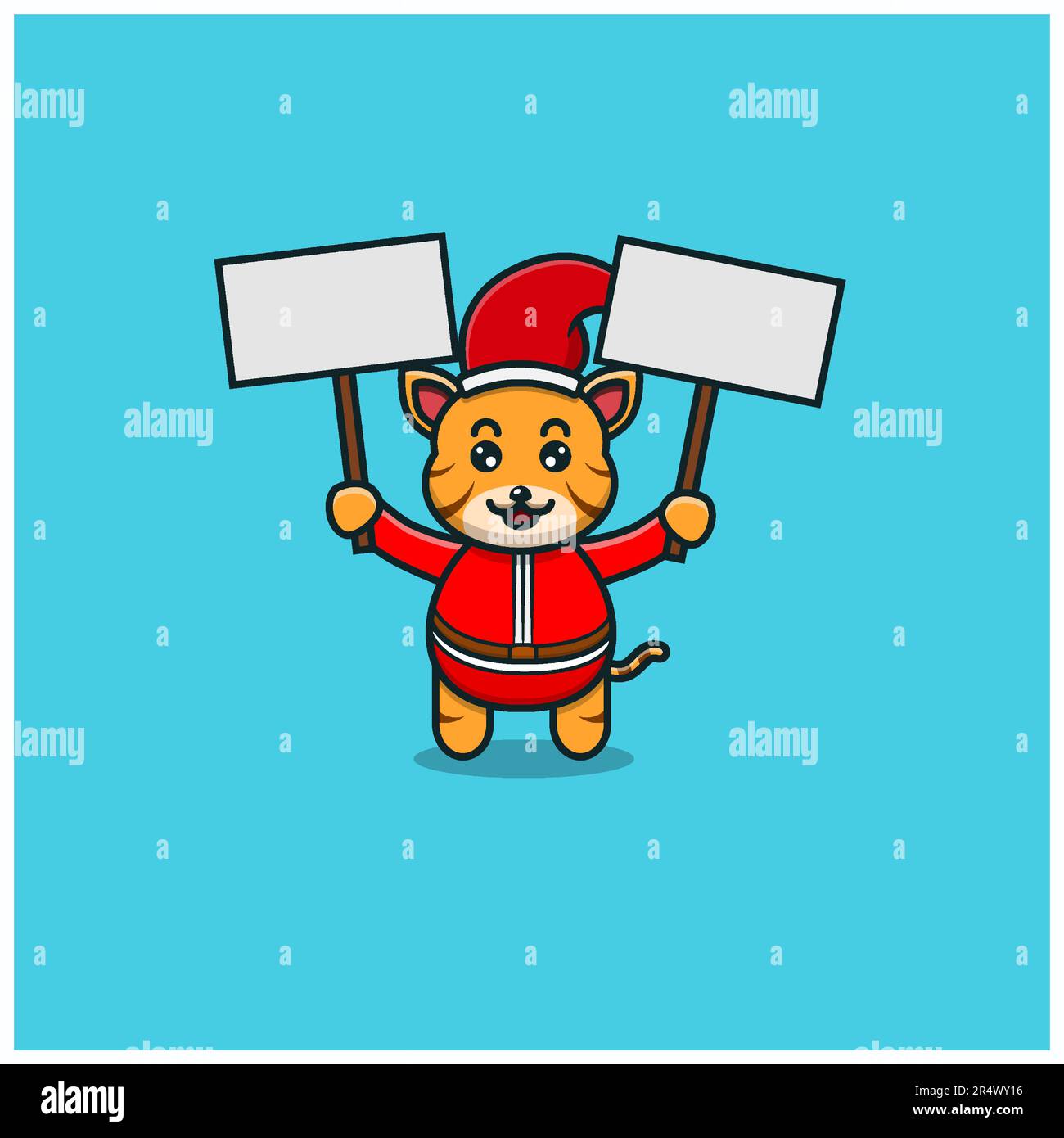Cute Baby Tiger Christmas With Two Blank White Banner. Character, Mascot, Icon, and Cute Design. Vector and Illustration. Stock Vector