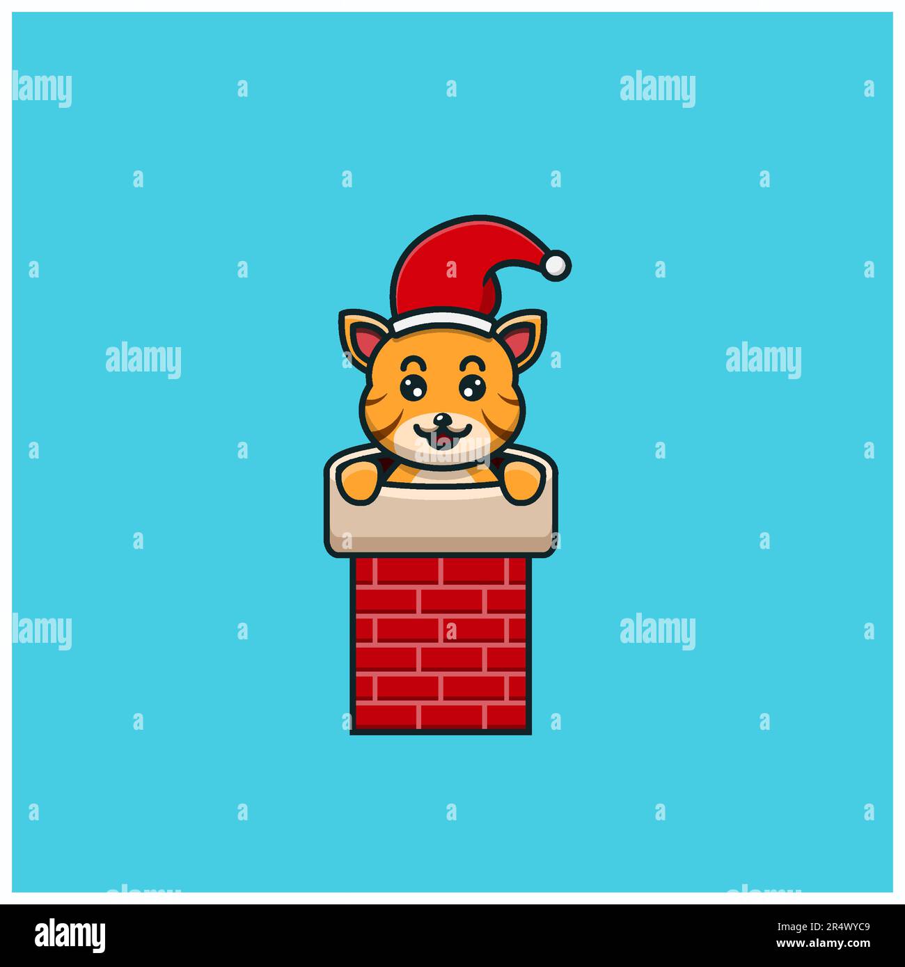 Cute Baby Tiger Christmas On House Chimney. Character, Mascot, Icon, and Cute Design. Vector and Illustration. Stock Vector