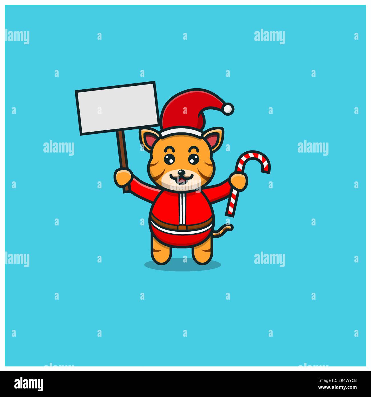 Cute Baby Tiger Christmas With Candy and Blank Banner. Character, Mascot, Icon, and Cute Design. Vector and Illustration. Stock Vector