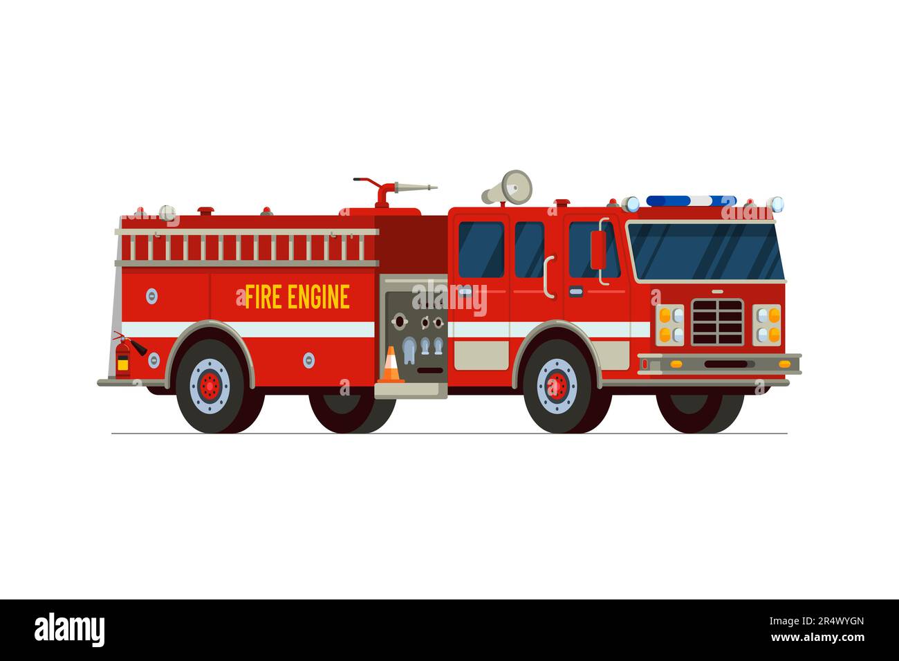 Fire engine truck isometric side front view. Firetruck car with Siren alarm and water tank. Firefighter red vehicle. Fireman emergency rescue transport. Firefighting lorry vector eps flat illustration Stock Vector