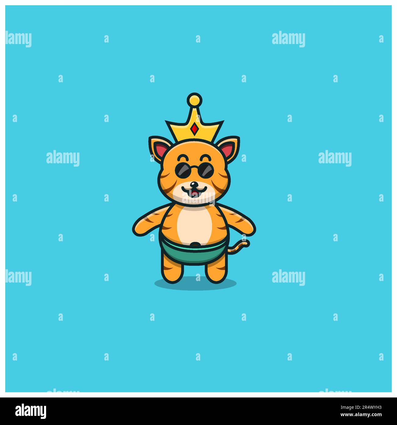 Cute Baby Tiger With Golden Crown. Character, Mascot, Icon, and Cute Design. Vector and Illustration. Stock Vector