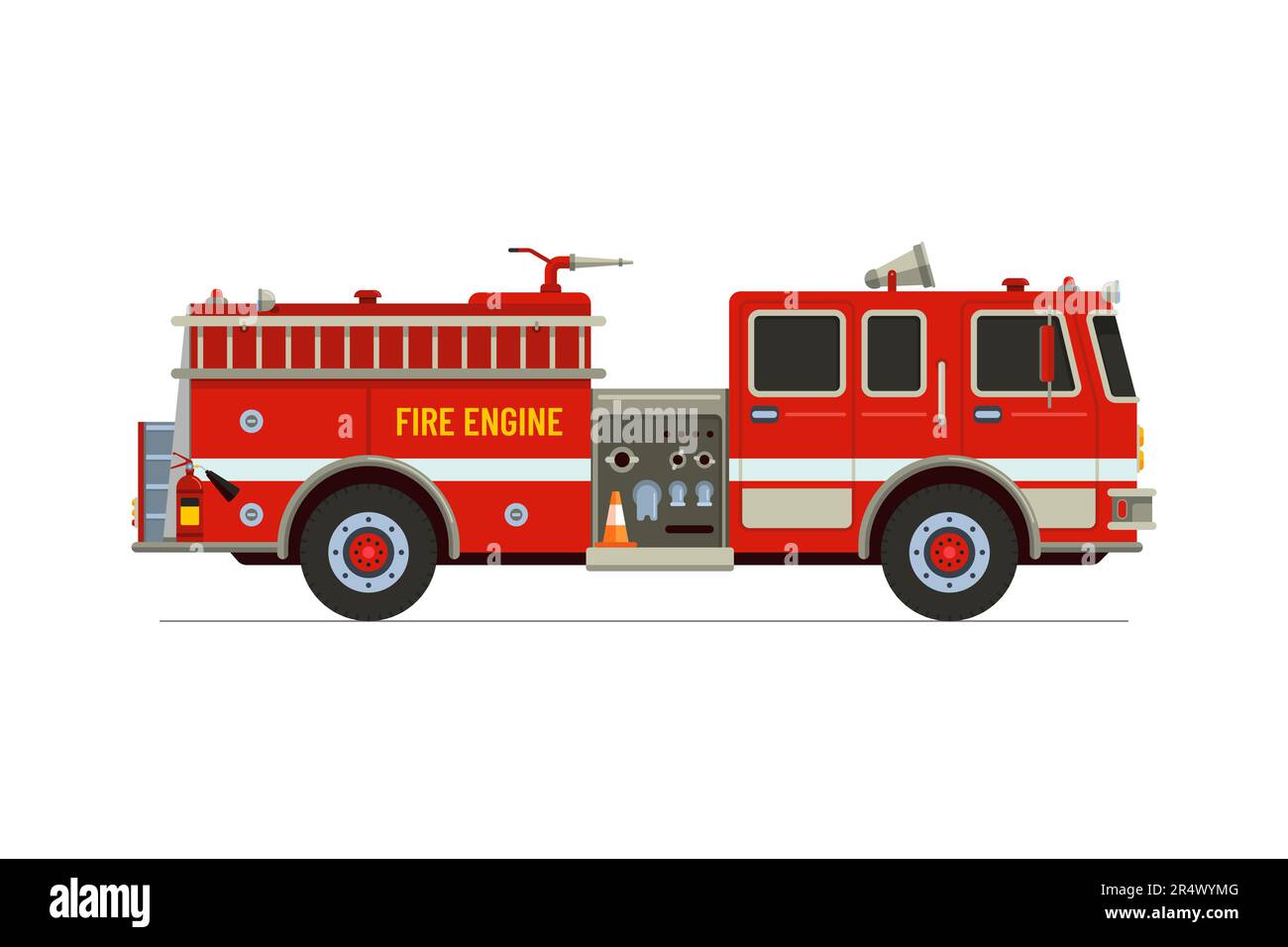 Fire engine truck front view. Firetruck car with Siren alarm and water tank. Firefighter red vehicle. Fireman emergency rescue transport. Firefighting lorry vector eps flat illustration Stock Vector