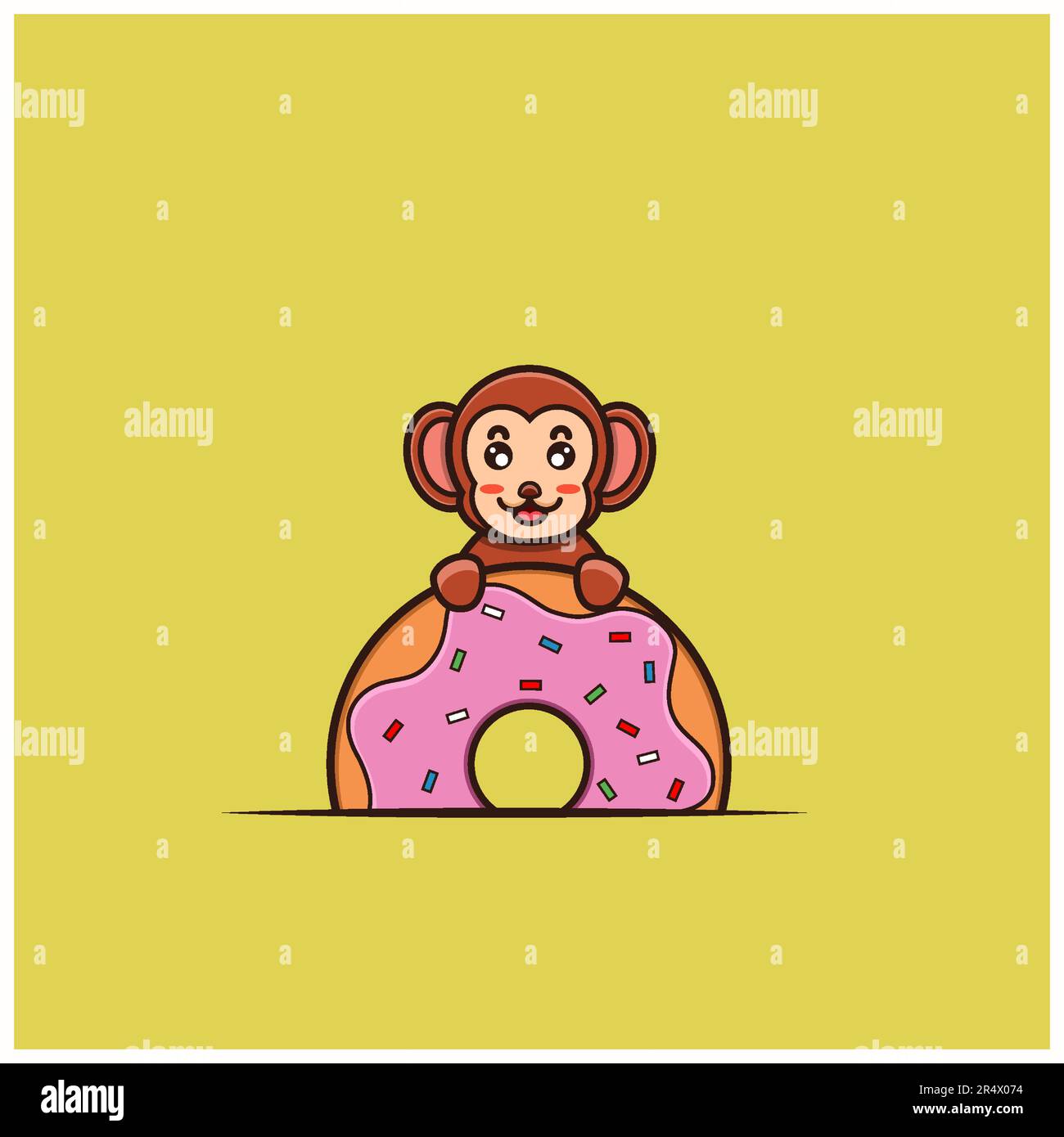 Cute Baby Monkey On Donuts. Character, Mascot, Logo, Cartoon, Icon, and Cute Design. Vector and Illustration. Stock Vector