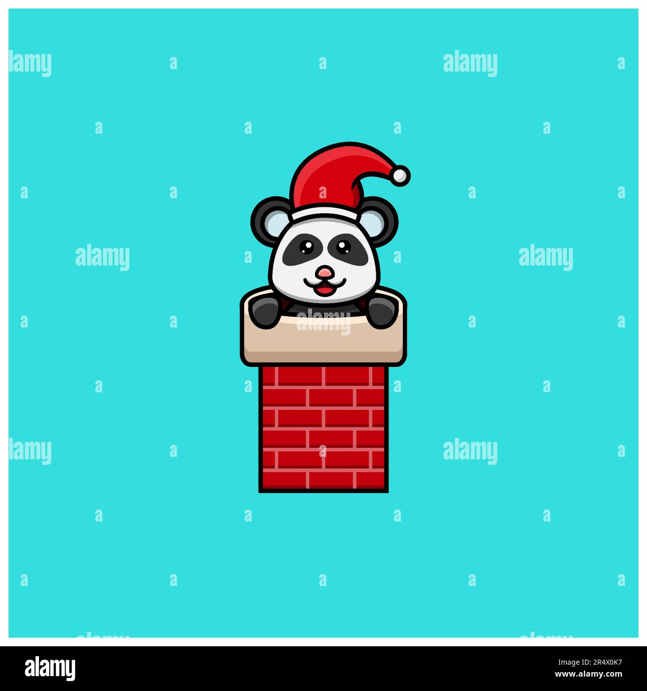 Cute Baby Panda on chimney house and Wearing Santa Hat. Character, Logo