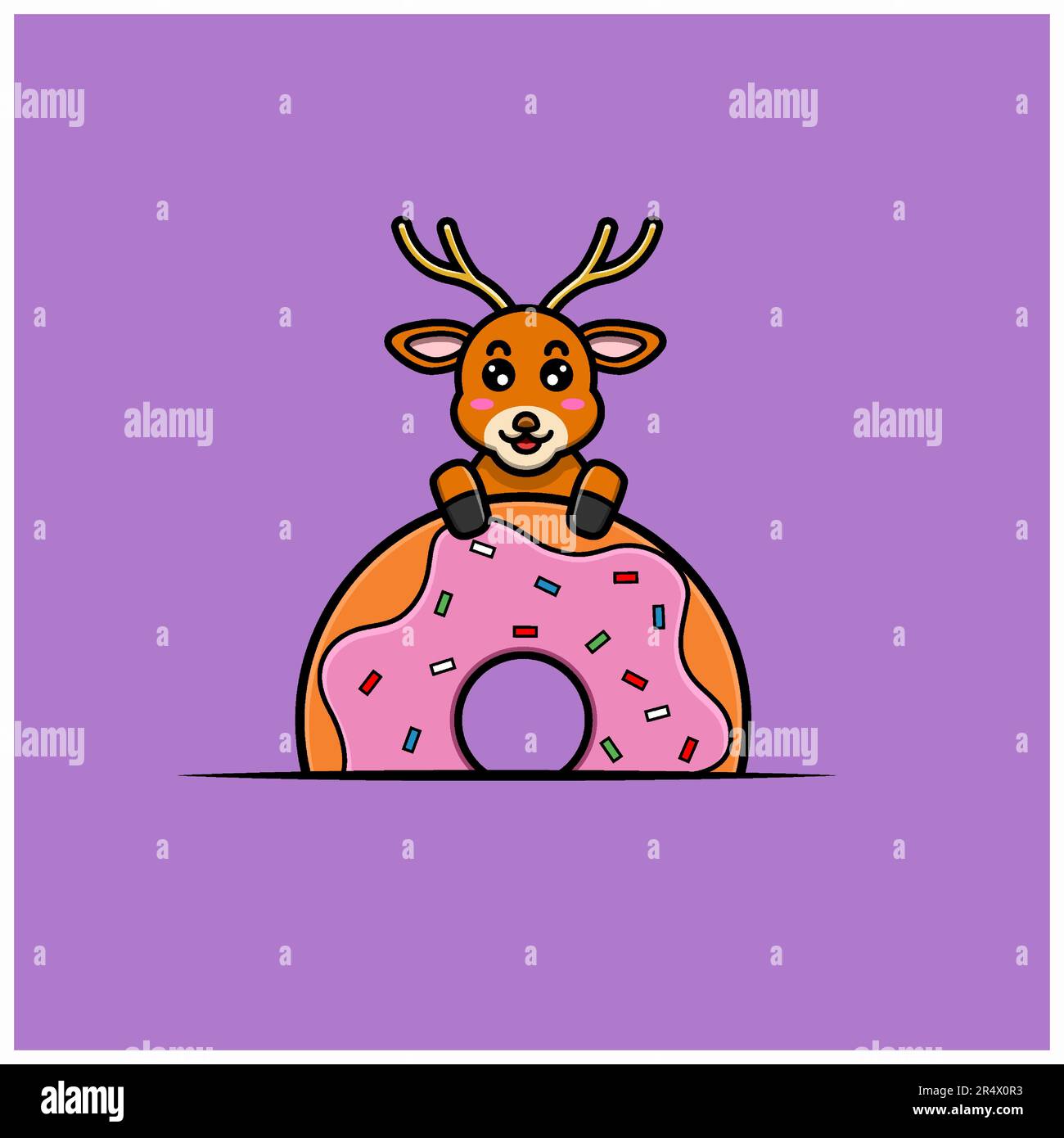 Cute Baby Deer Character On Donut. Character, Mascot, Icon, and Cute Design. Vector and Illustration. Stock Vector