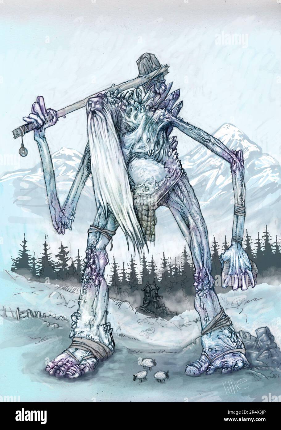 Art: frost giant, or jötunn, holding stone axe over his shoulder, mountains & forest in the background, supernatural being from German Norse mythology Stock Photo