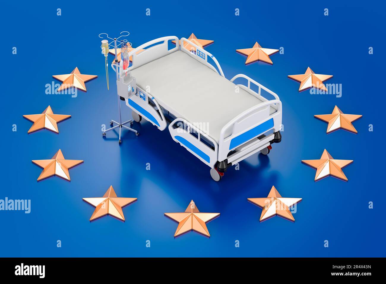 European Healthcare, hospital bed on the European Union flag. 3D