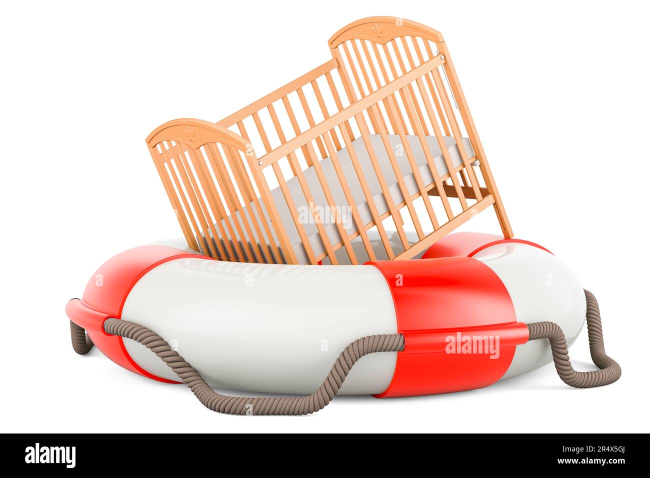 Baby crib, infant bed inside lifebelt. 3D rendering isolated on white ...