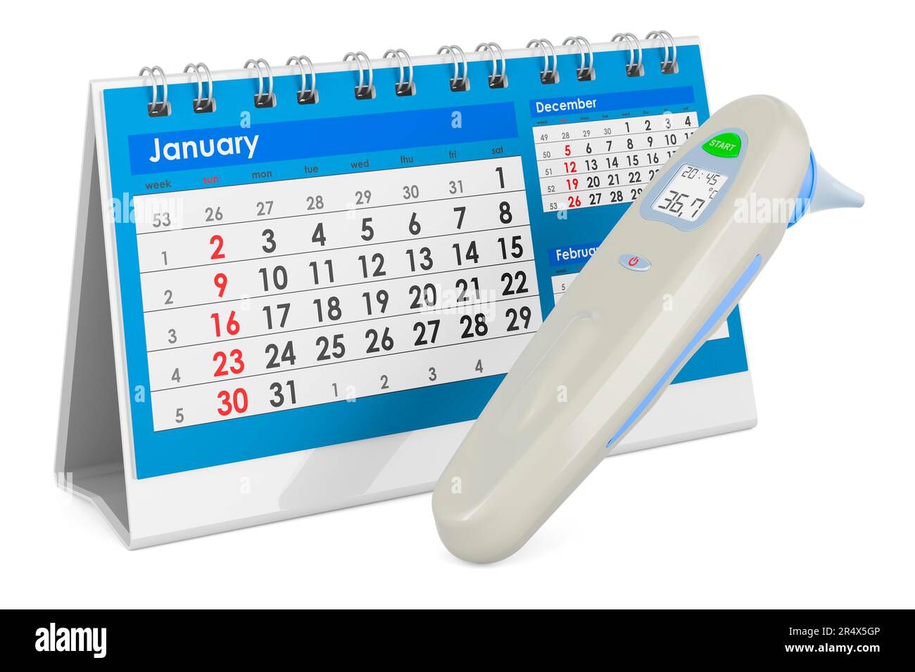 Digital Forehead and Ear Thermometer with desk calendar. 3D rendering ...