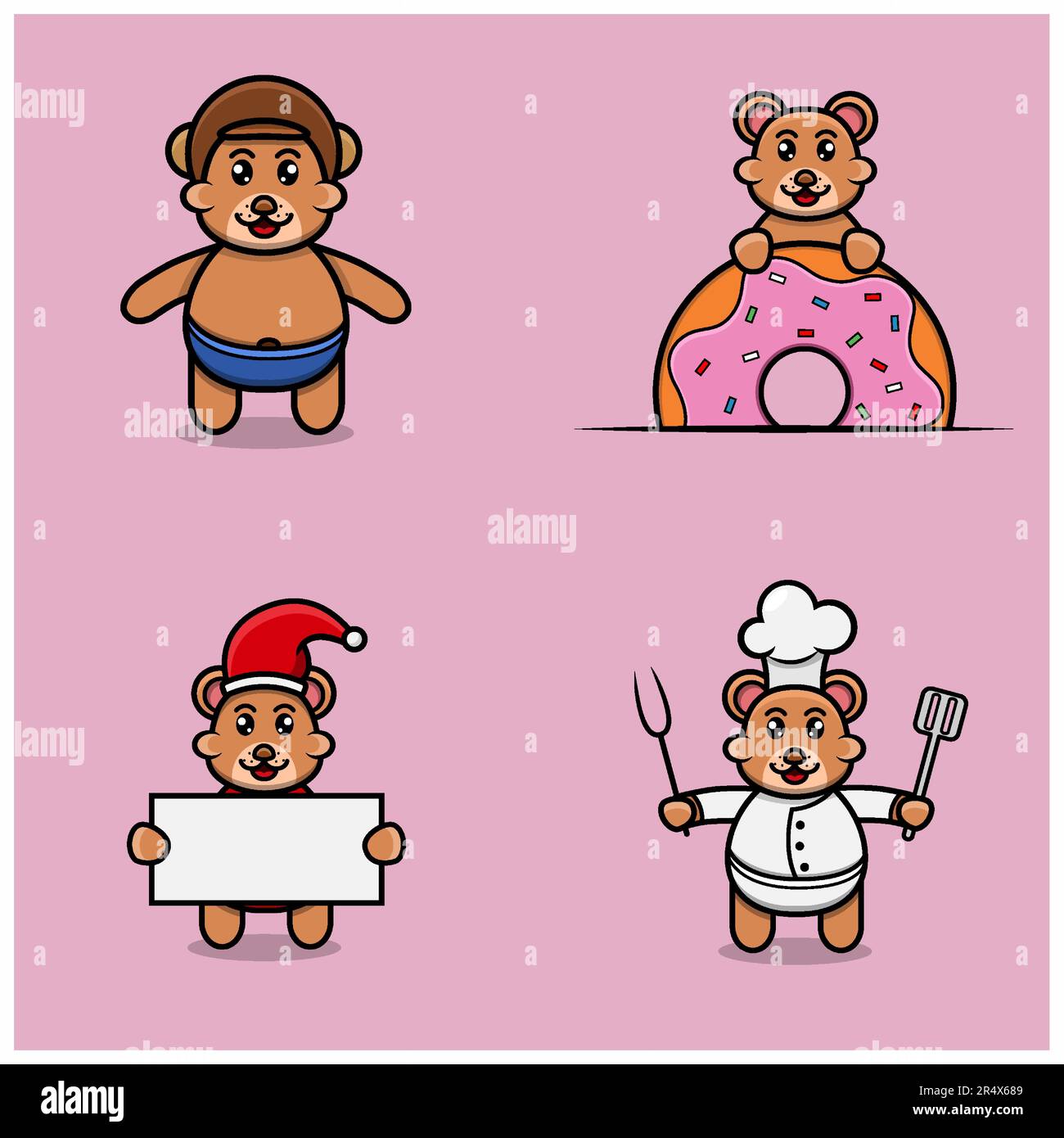 Set Of Cute Baby Bear Character With Various Poses. Wearing Helmet, on