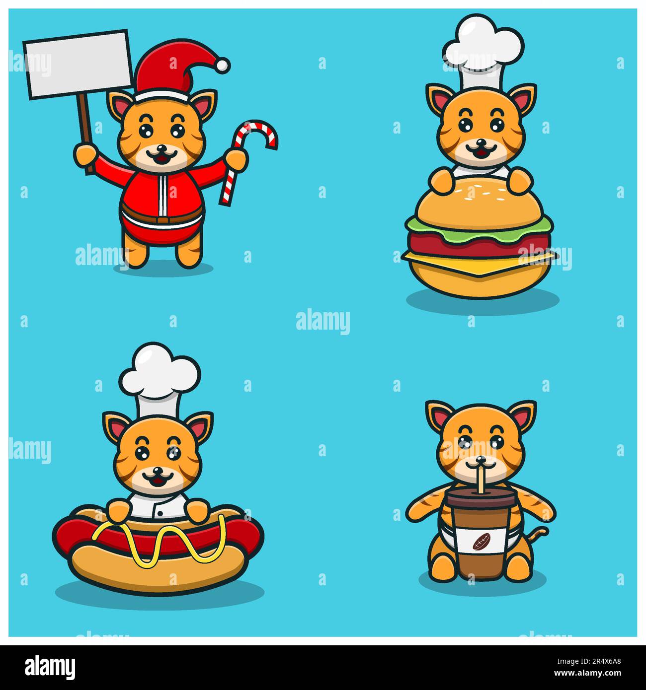 Set Of Cute Baby Tiger Character With Various Poses. Christmas, Chef On Burger, Hot Dog and On Coffee Cup. Vector and Illustration. Stock Vector