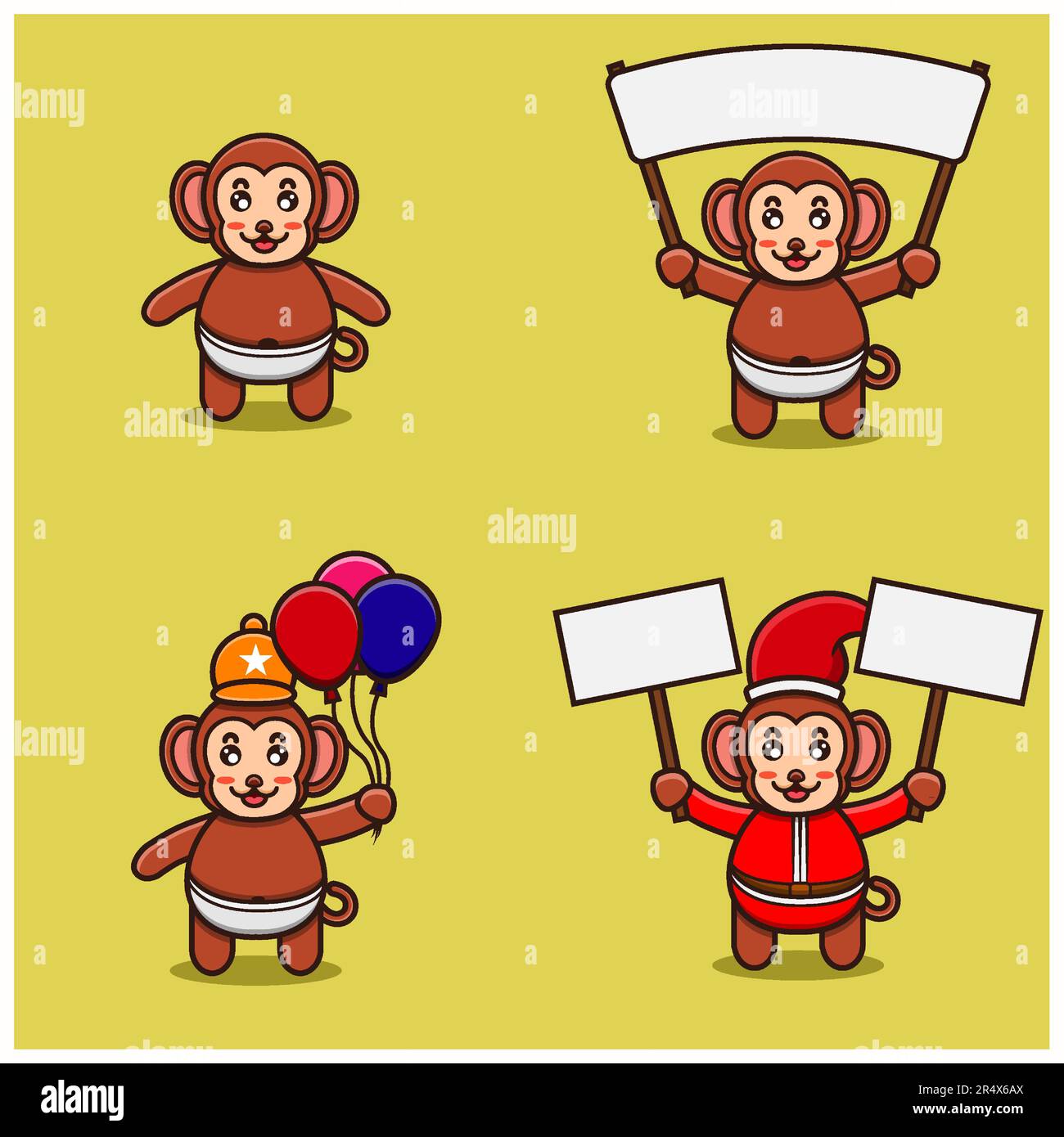 Set Of Cute Baby Monkey Character With Various Poses. Bring banner, balloons and christmas banner. Vector and Illustration. Stock Vector