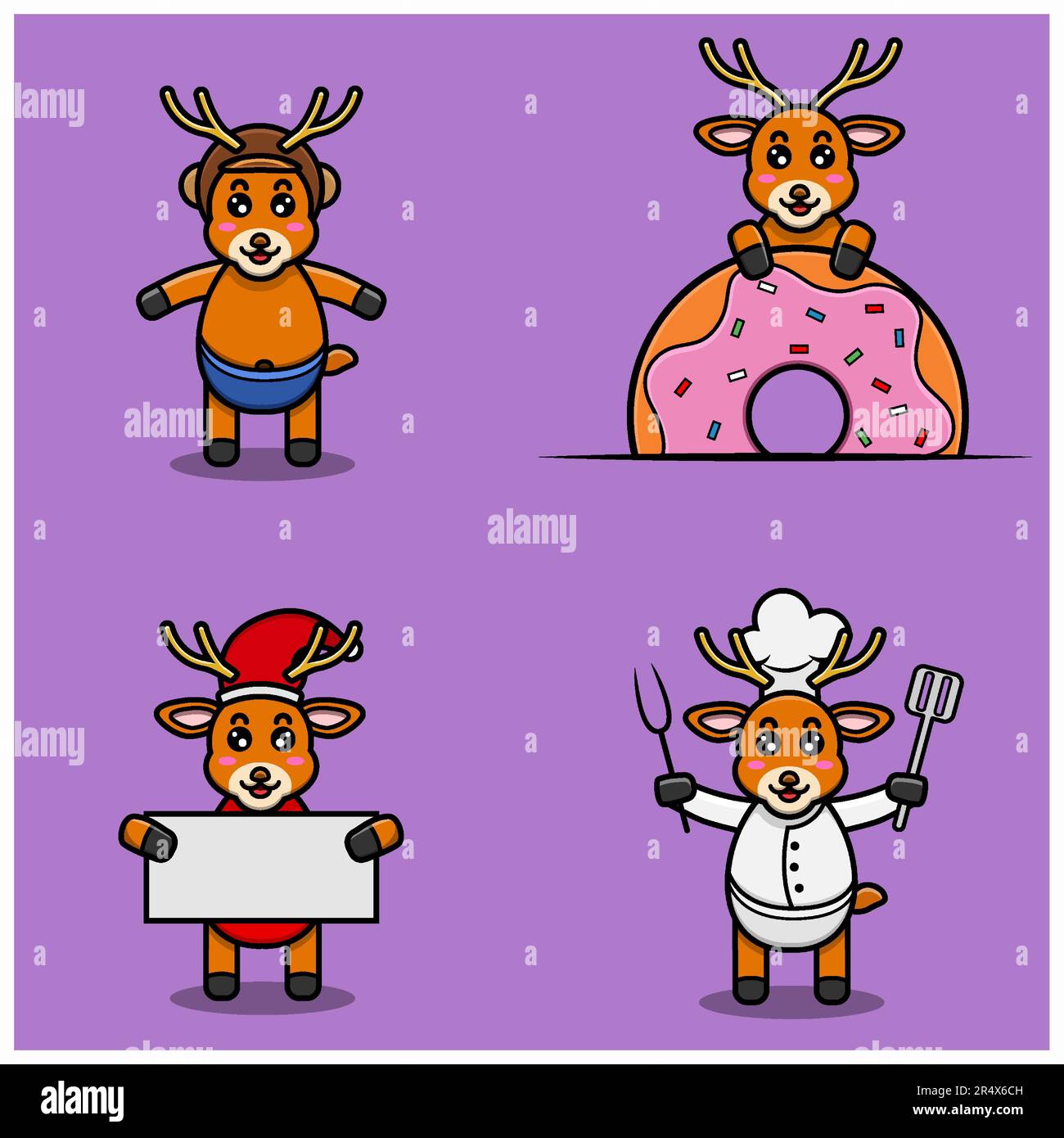 Set Of Cute Baby Deer Character With Various Poses. Wearing Helmet, on Donuts, christmas and chef. Vector and Illustration. Stock Vector