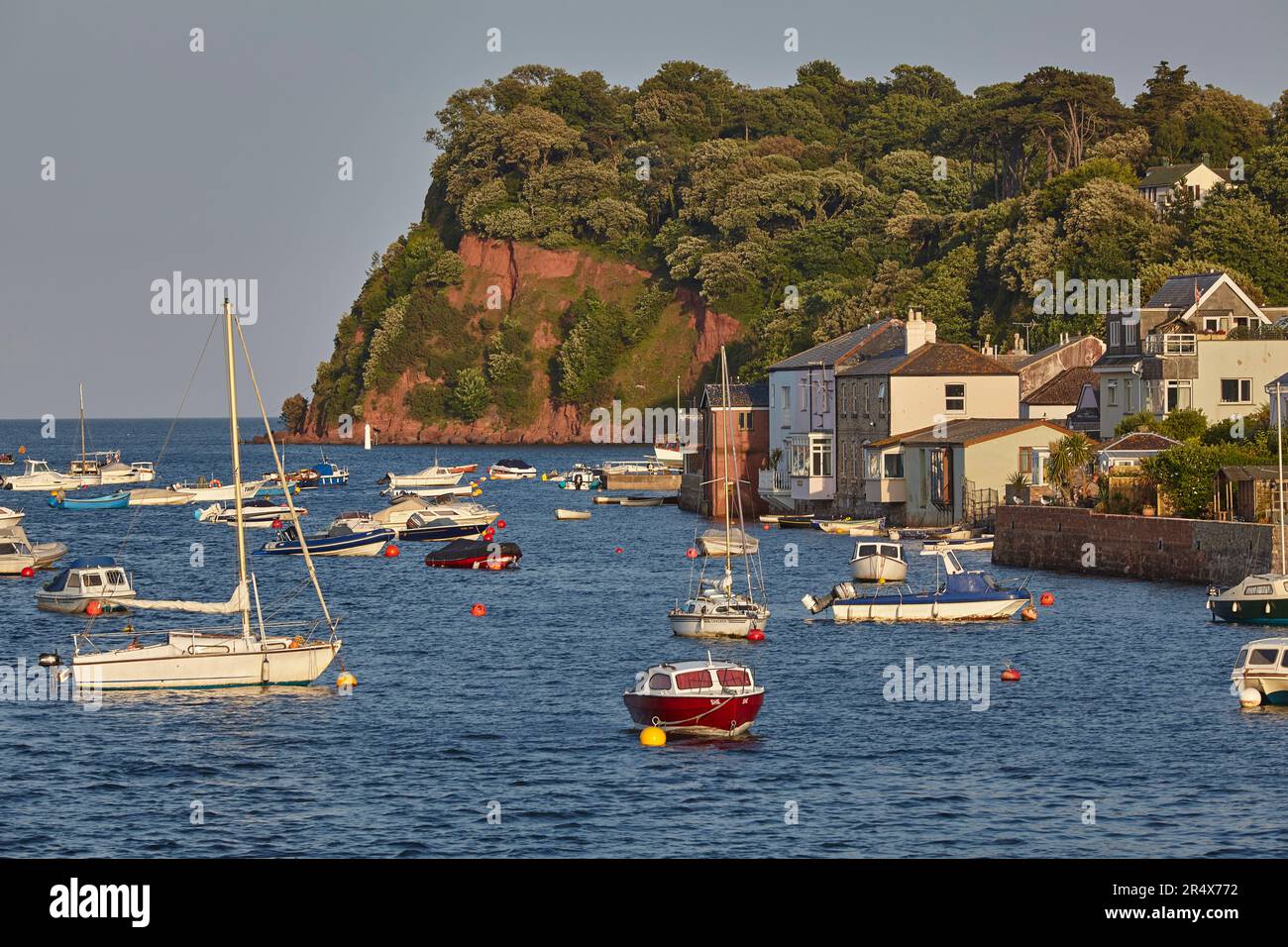 Moored boats fill the quaint harbour of Shaldon at the mouth of the River Teign, Devon