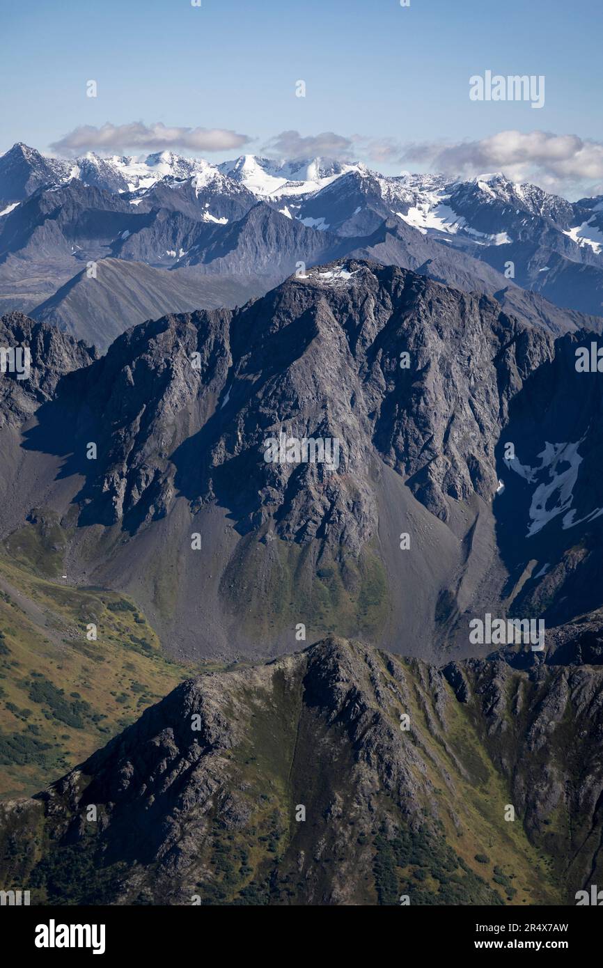 Close-up aerial view of the majestic mountain peaks of the Chugach ...
