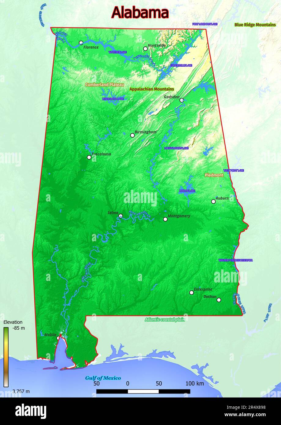 The physical map of Alabama depicts a diverse landscape featuring 