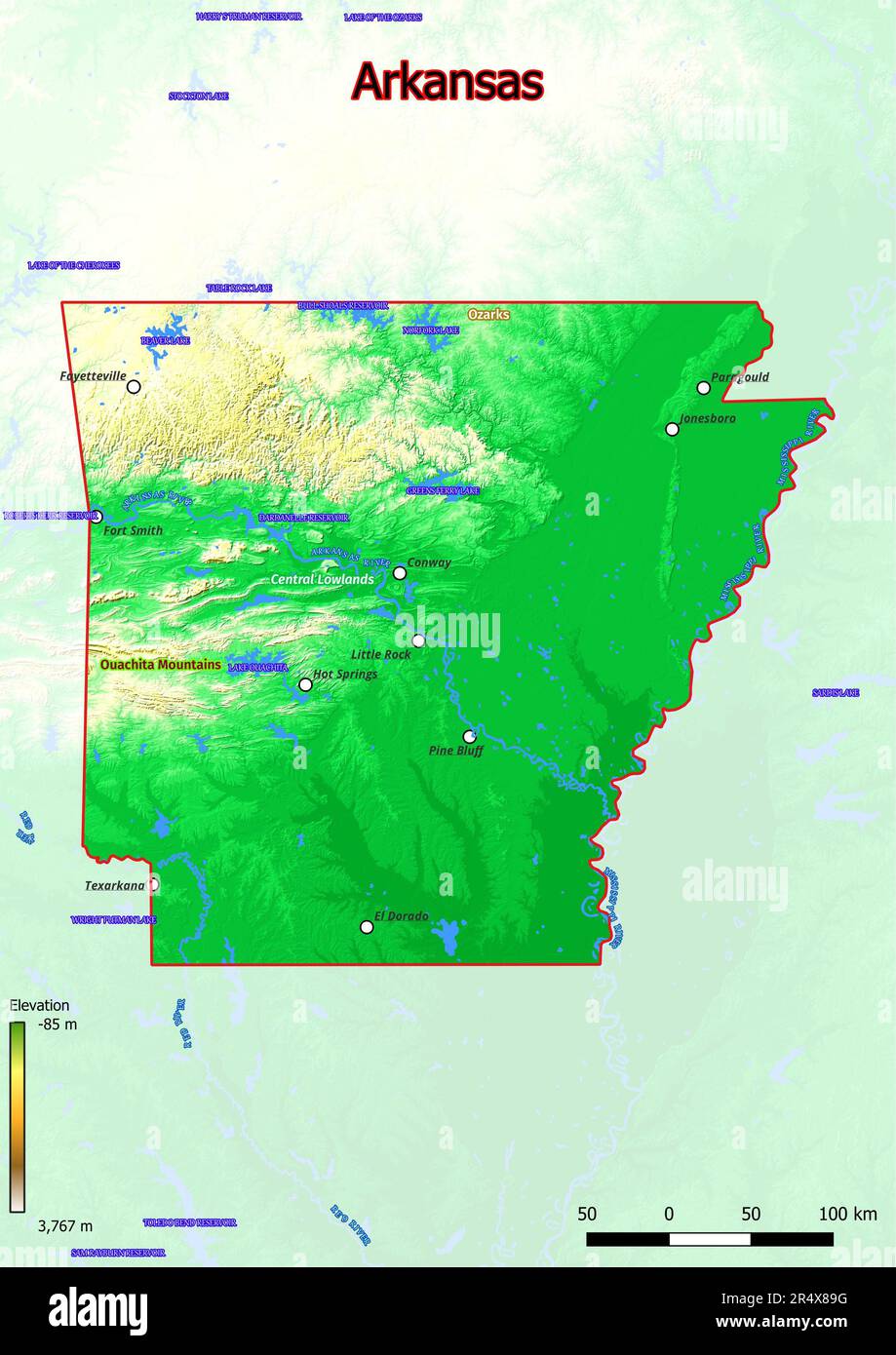 The Physical Map Of Arkansas Displays A Varied Terrain With Rolling The Physical Map Of Arkansas Displays A Varied Terrain With Rolling Hills Fertile River Valleys And Dense Forests The State Is Crisscrossed By Majo 2R4X89G