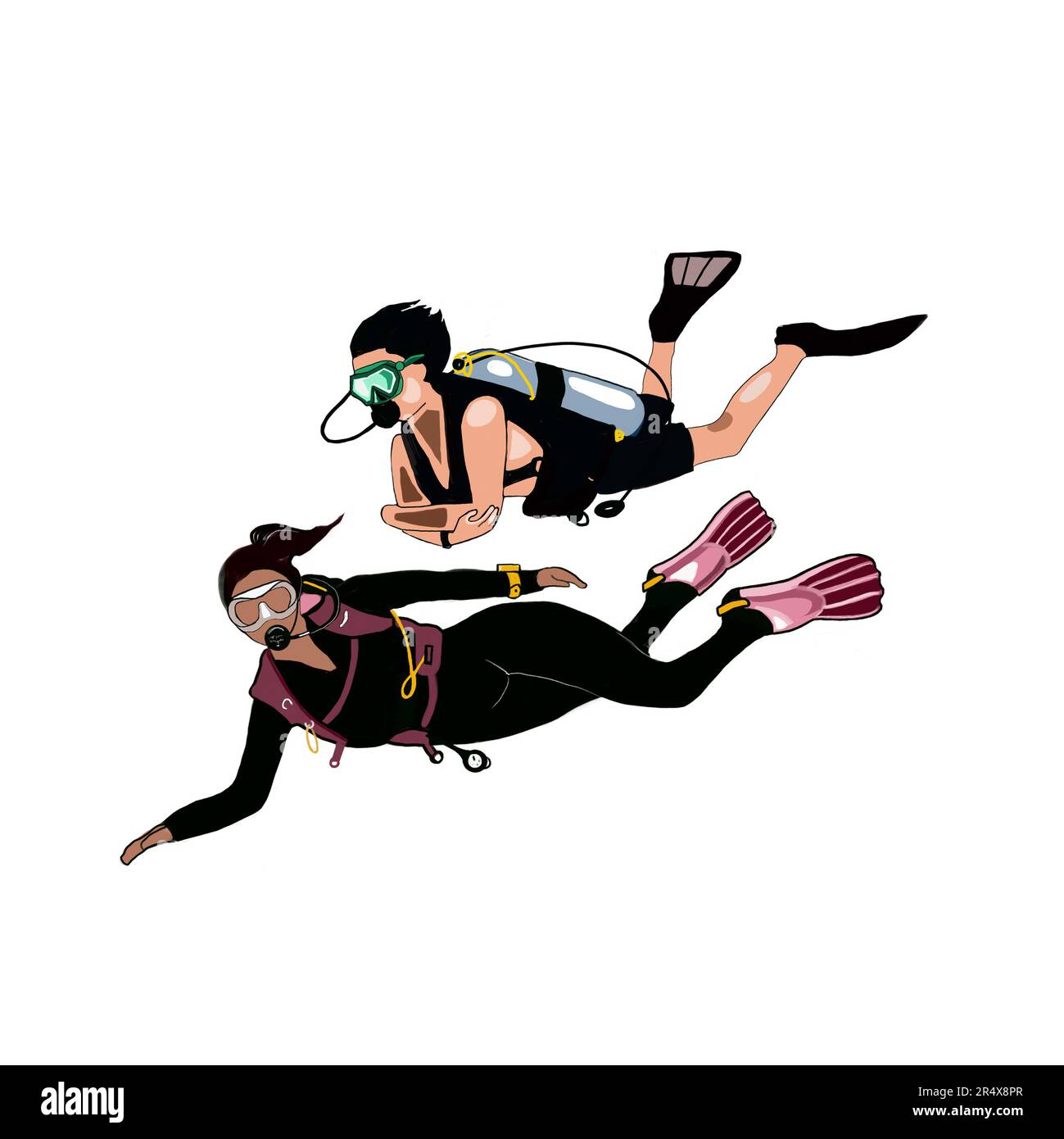 two divers with scuba gear, isolate on a white background, llustrations