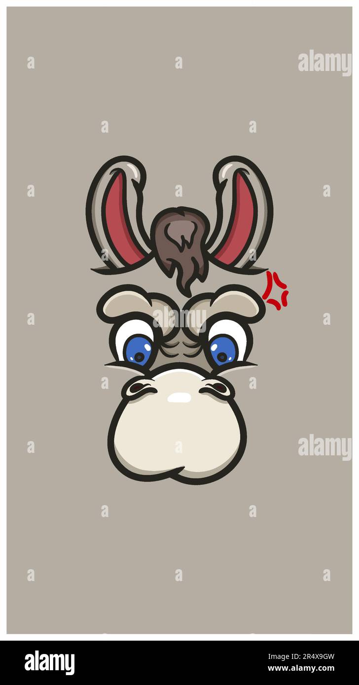 Cute Cartoon Donkey Face With Angry Expression. Clip Art Vector. For Background, Backdrop and Wallpaper. Vector and Illustration Stock Vector