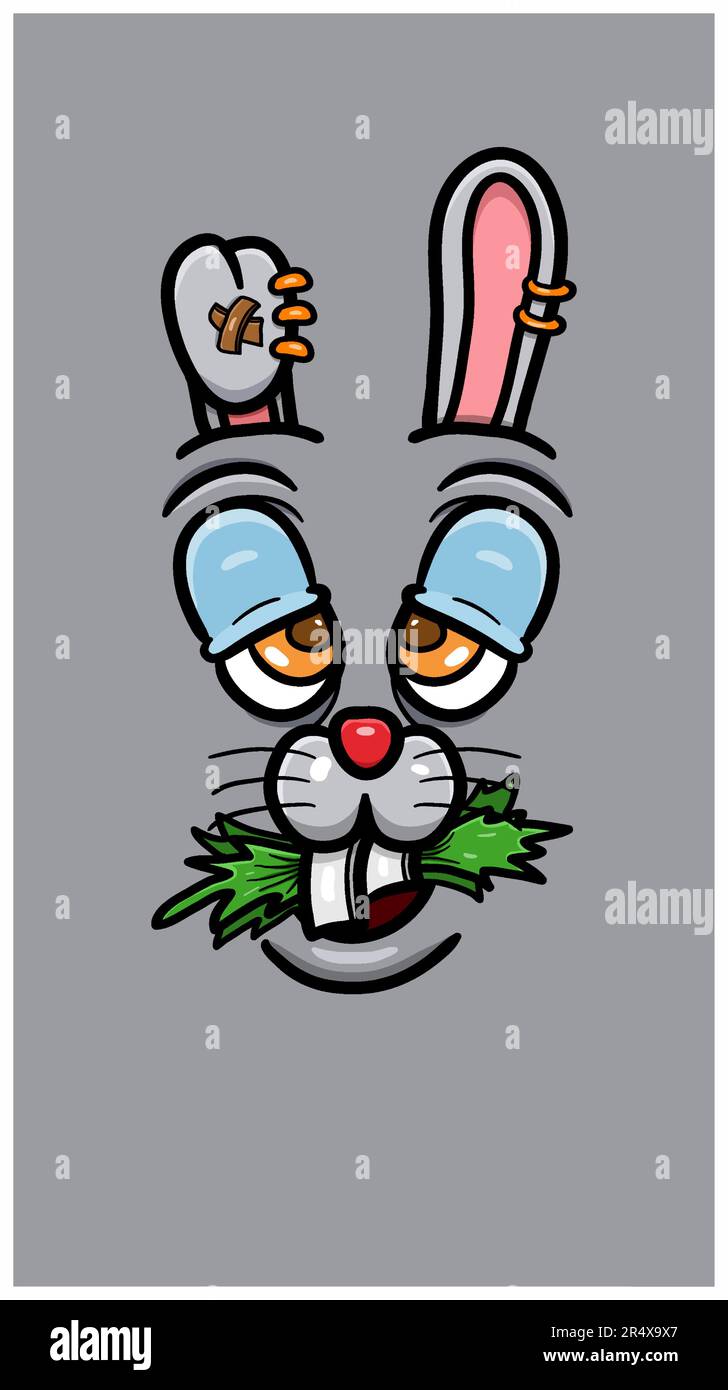 Cute Doodle Rabbit Face With Doodle Expression Eat Marijuana. Vector Poster Wallpaper Background. Vector And Illustration. Stock Vector