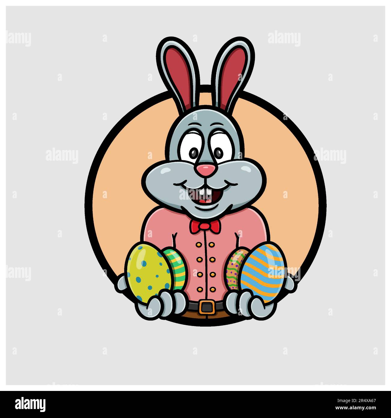Mascot Rabbit Cartoon With Eggs Logo. Happy Easter Theme. Vector and Illustration Stock Vector